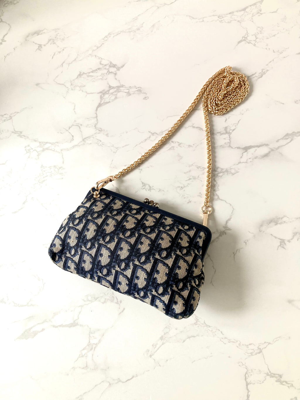 CHRISTIAN DIOR Navy Trotter x Beige Mini Two-way Crossbody Bag / Clutch
