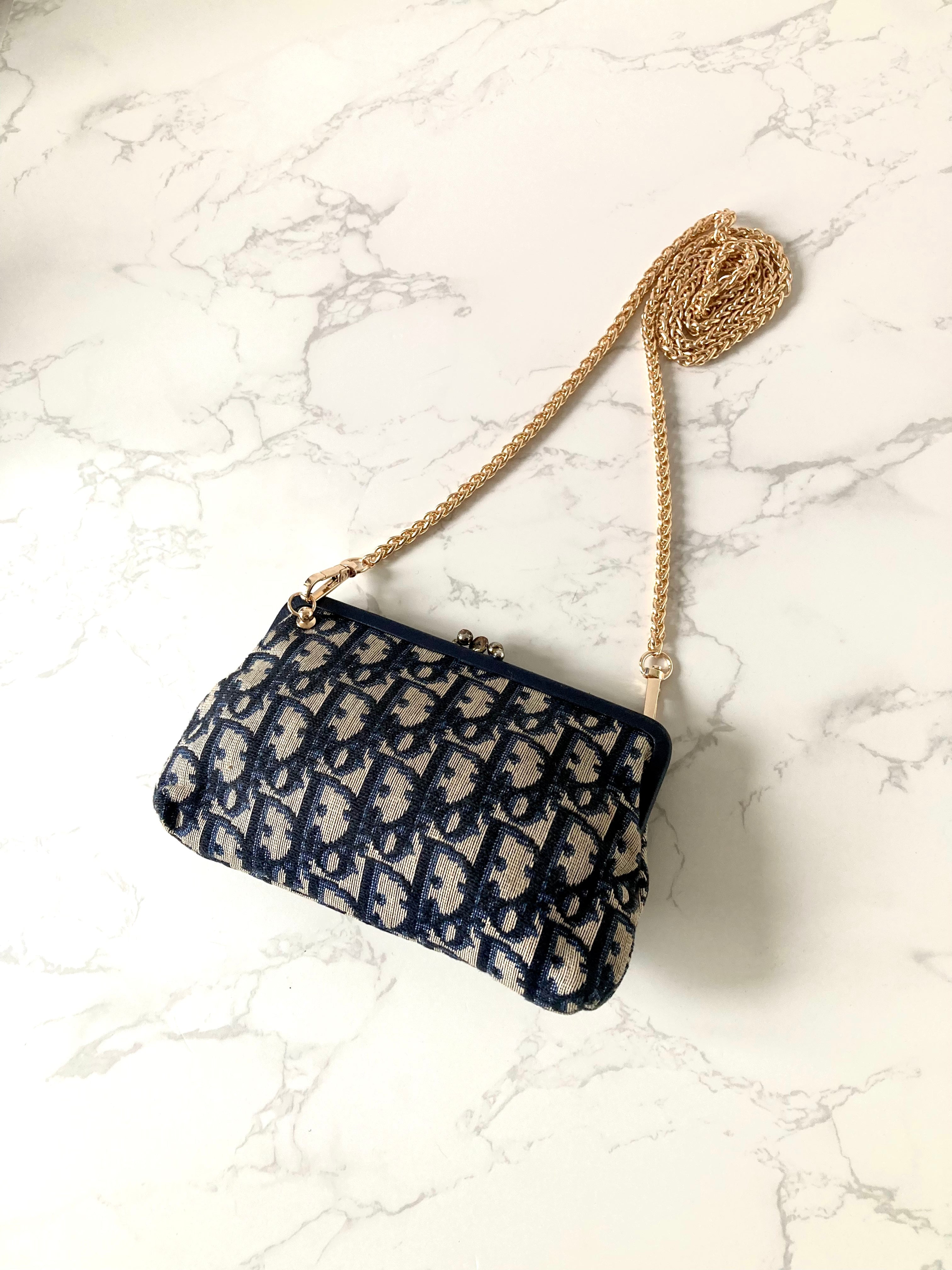 CHRISTIAN DIOR Navy Trotter x Beige Mini Two-way Crossbody Bag / Clutch