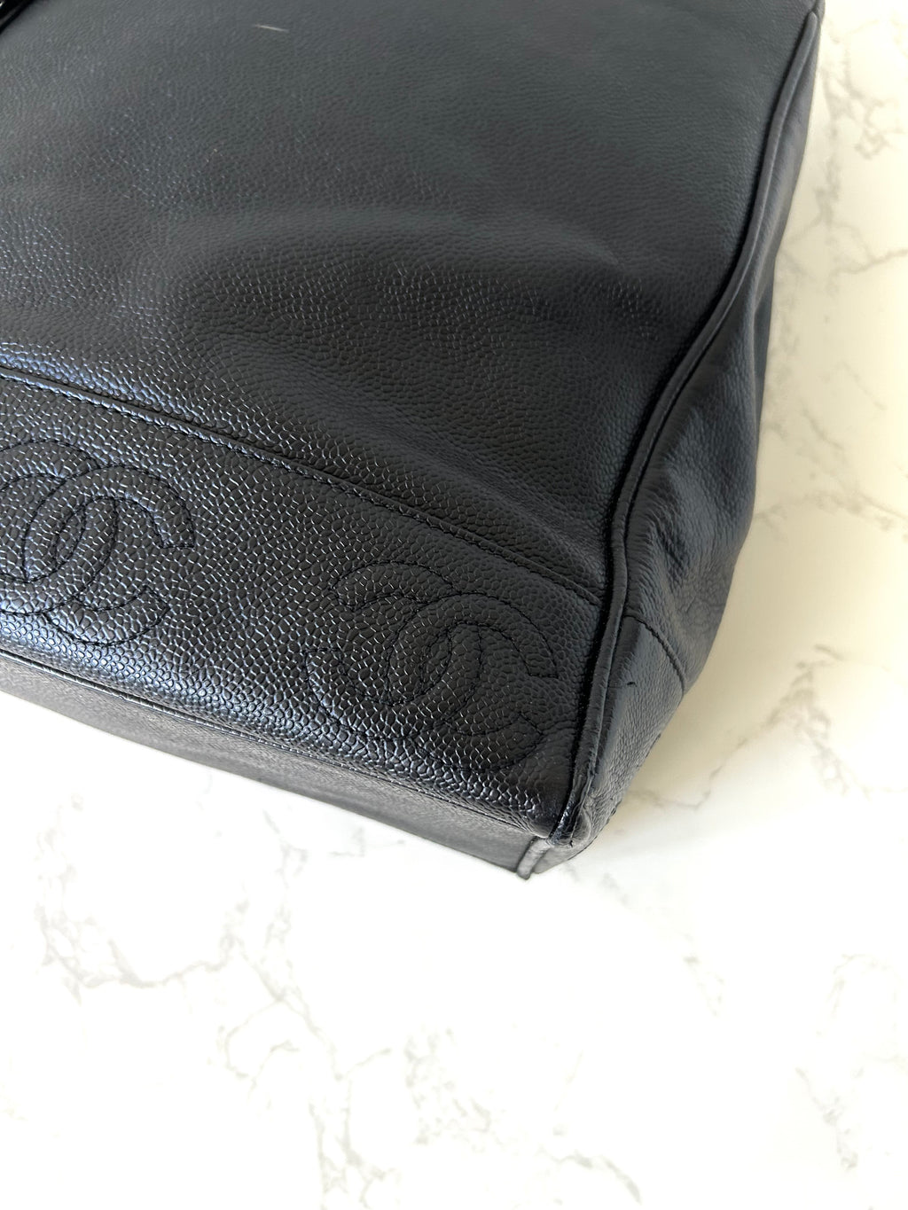 CHANEL black caviar leather chain tote bag / side bag