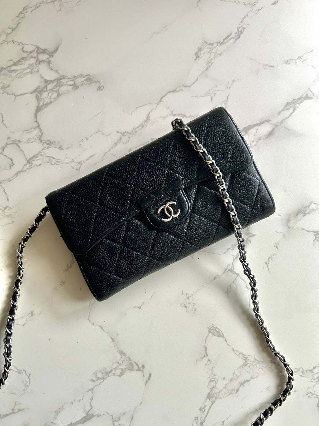 CHANEL Black Caviar Leather Long Wallet/Chain Side Bag/Slant Bag - Japanese Second-hand Vintage