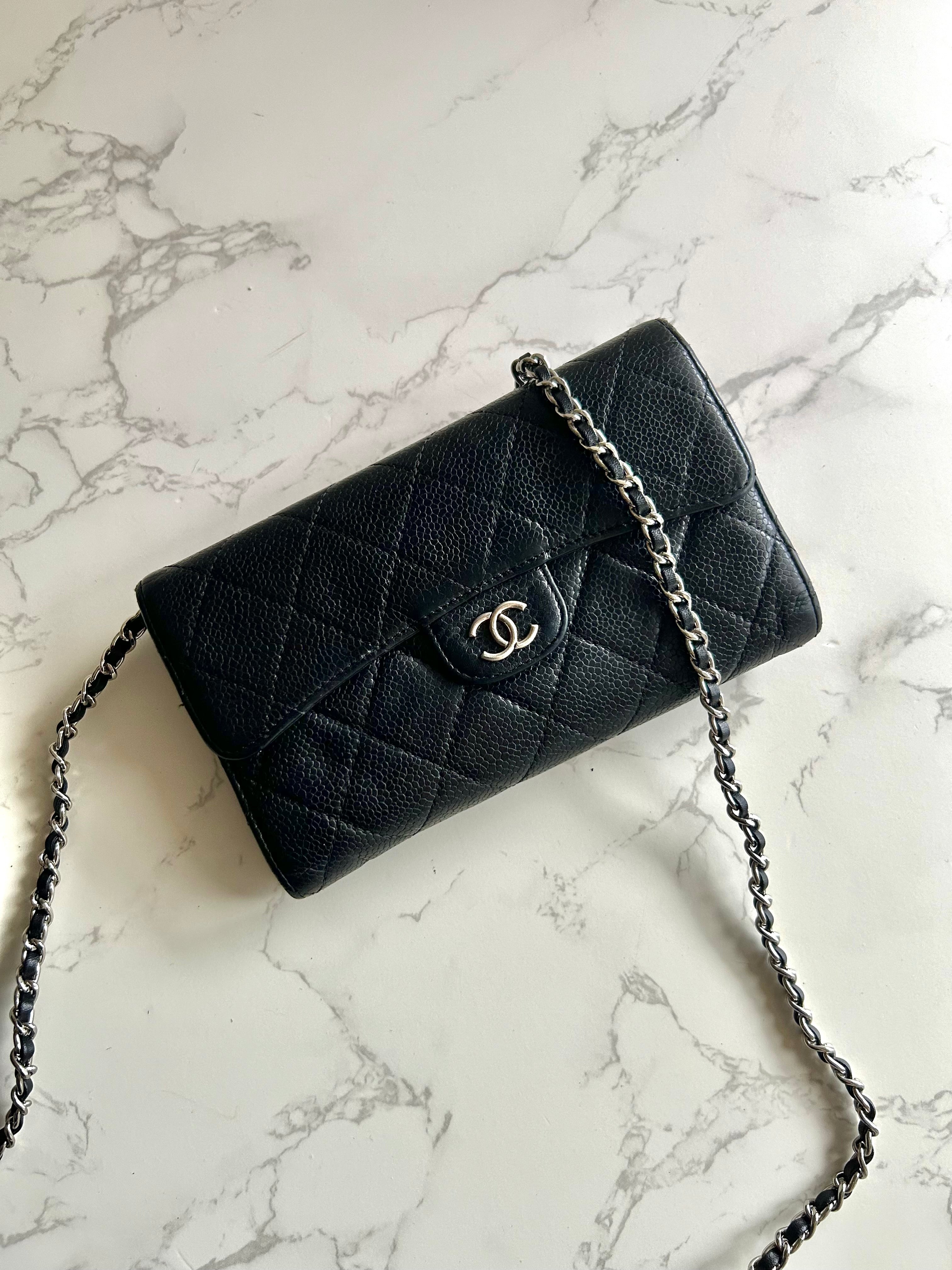 CHANEL Black Caviar Leather Long Wallet/Chain Side Bag/Slant Bag - Japanese Second-hand Vintage