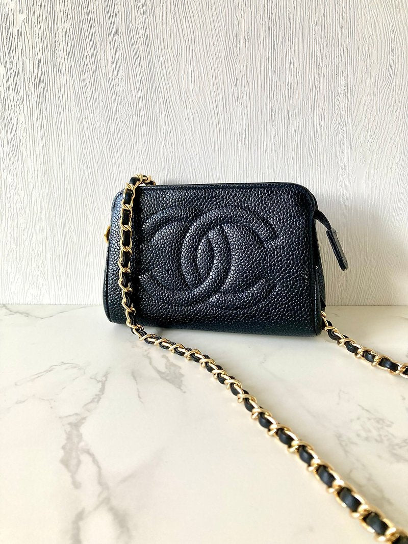 CHANEL Rare Black Caviar Leather Chain Small Bag/Side Bag/Messenger Bag/Clutch Bag
