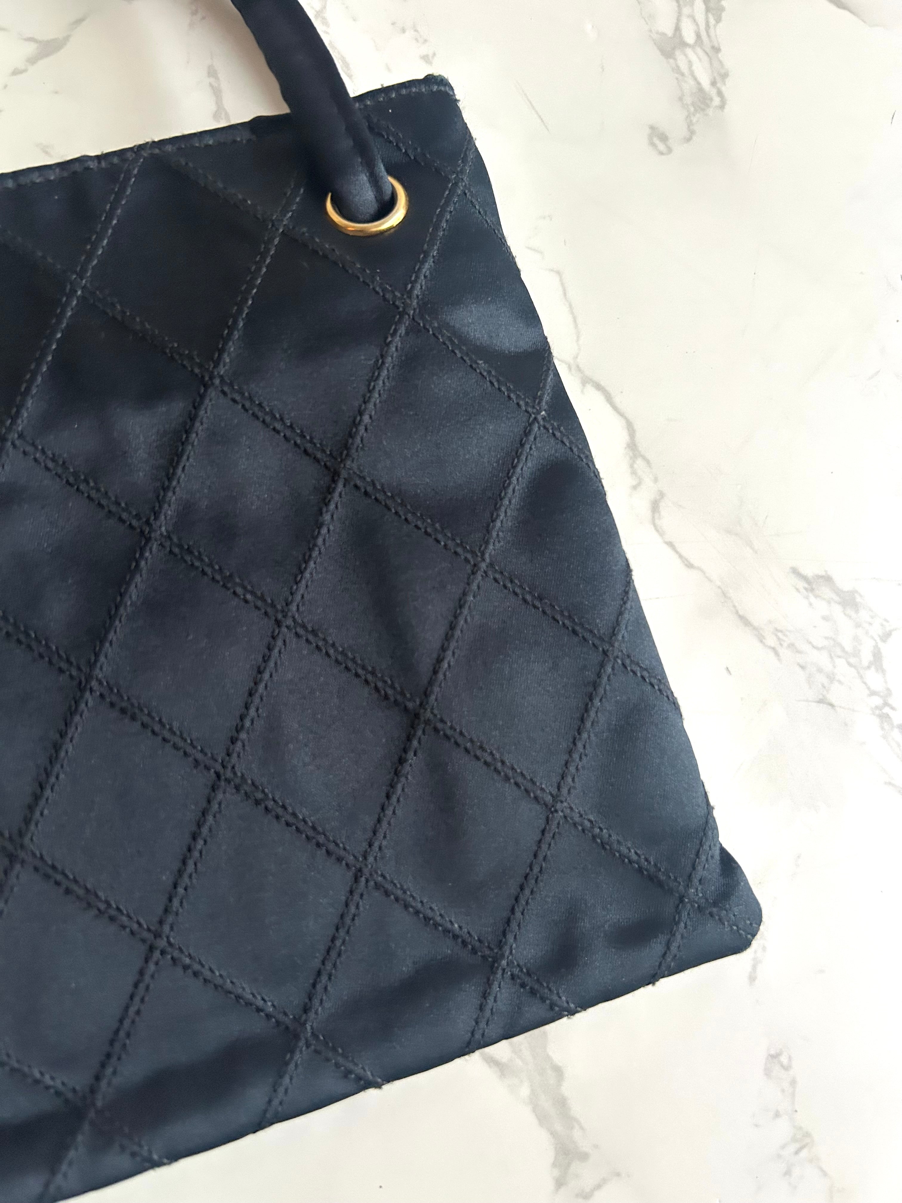 Rare Chanel Vintage Silk Rhinestone Black Matelassé Tote Bag