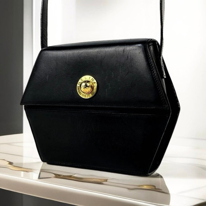 CELINE Rare Black Planet Hexagonal Leather Side Bag / Crossbody Bag