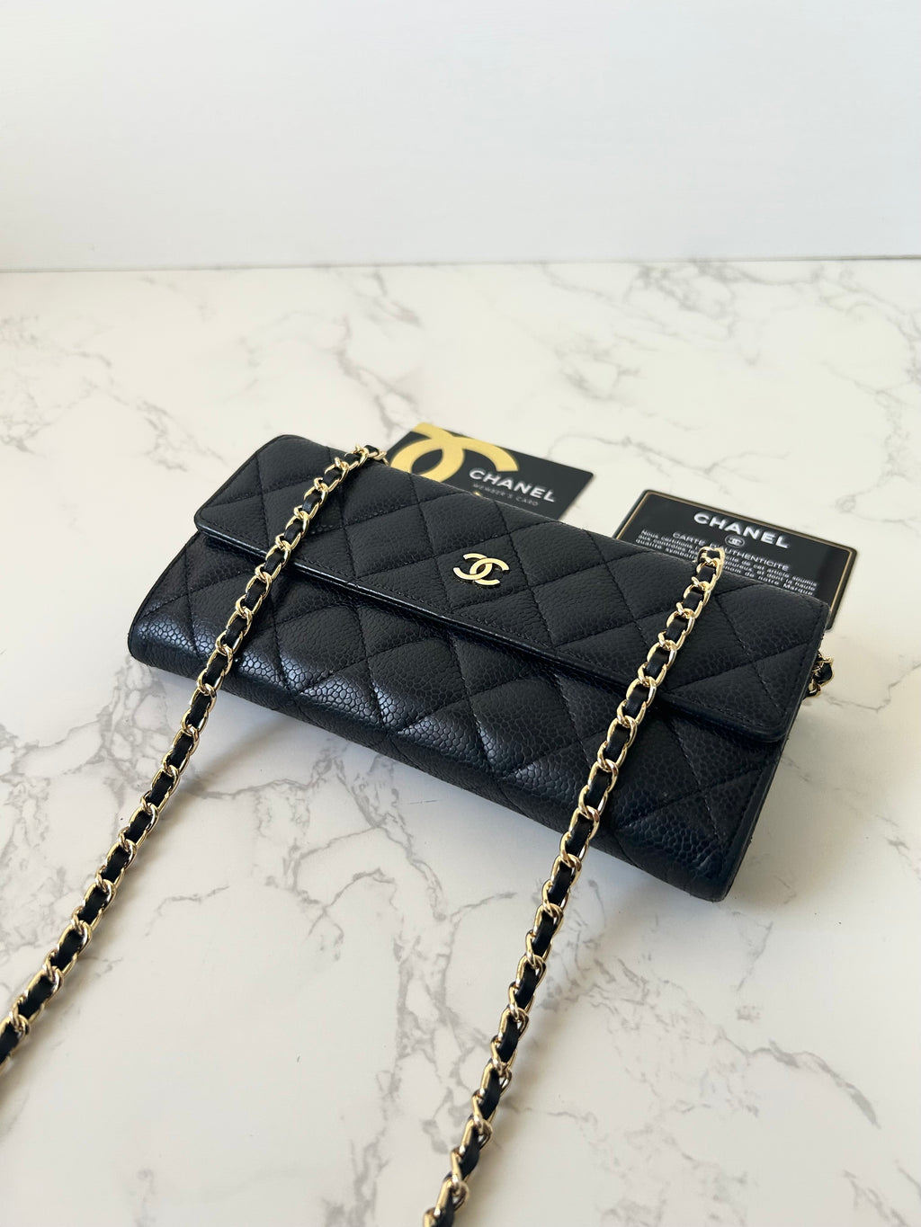 CHANEL Black Gold Caviar Leather WOC Side Bag/Messenger Bag/Long Wallet