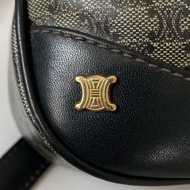 CELINE rare black old flower gold Arc de Triomphe leather shoulder drawstring bucket bag / side backpack