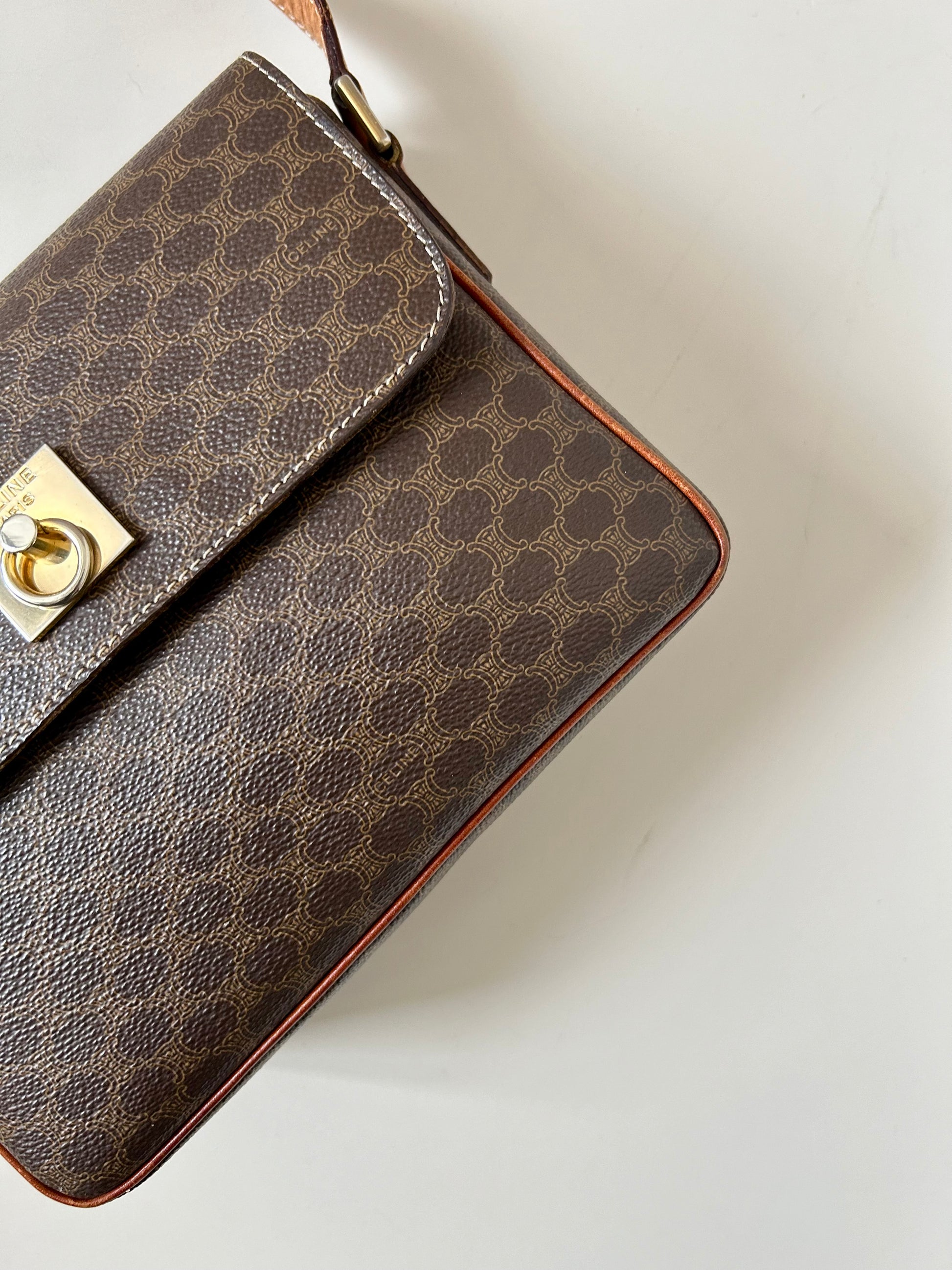 CELINE Brown Old Flower Leather Gold Buckle Small Tofu Box Bag/Side Bag/Messenger Bag