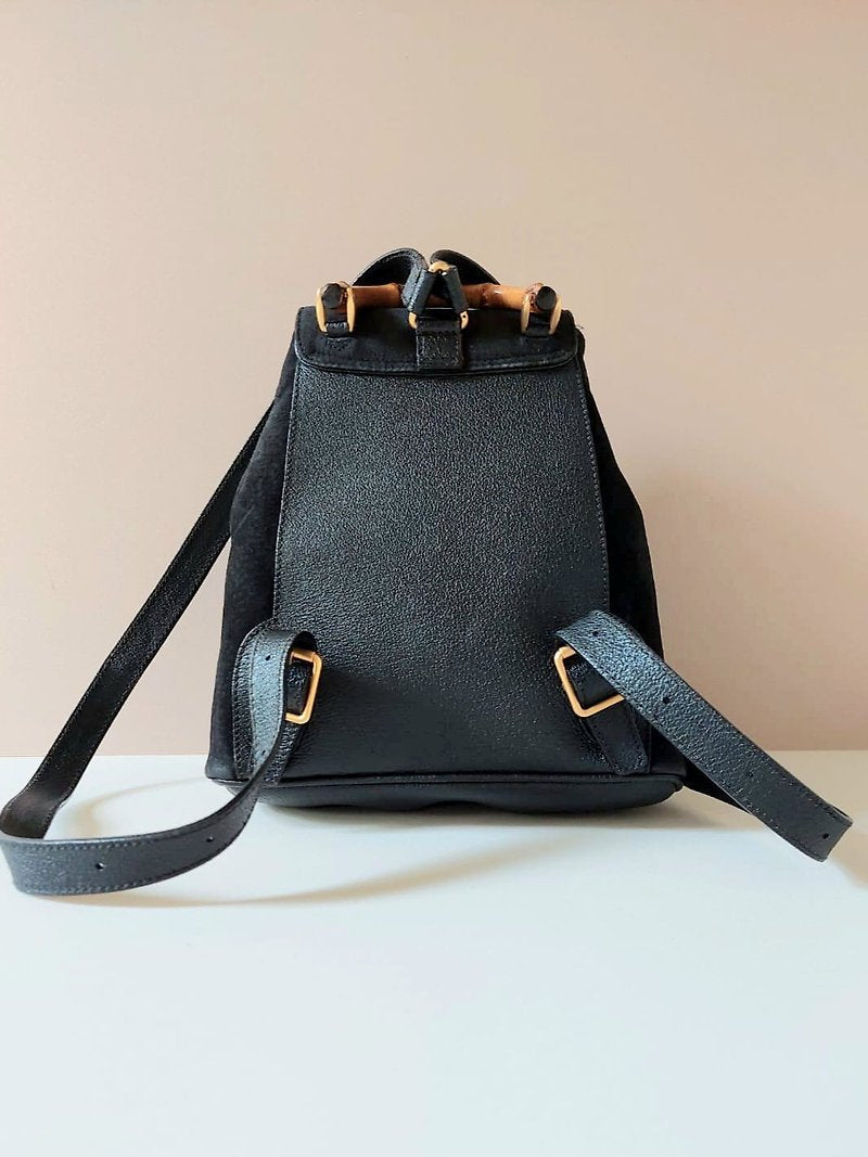 GUCCI classic black leather bamboo small backpack/rucksack/backpack