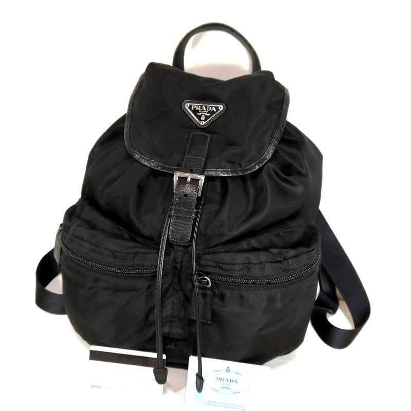 PRADA black silver triangle leather and nylon men's and women's backpack/backpack/backpack - Japanese second-hand Vintage