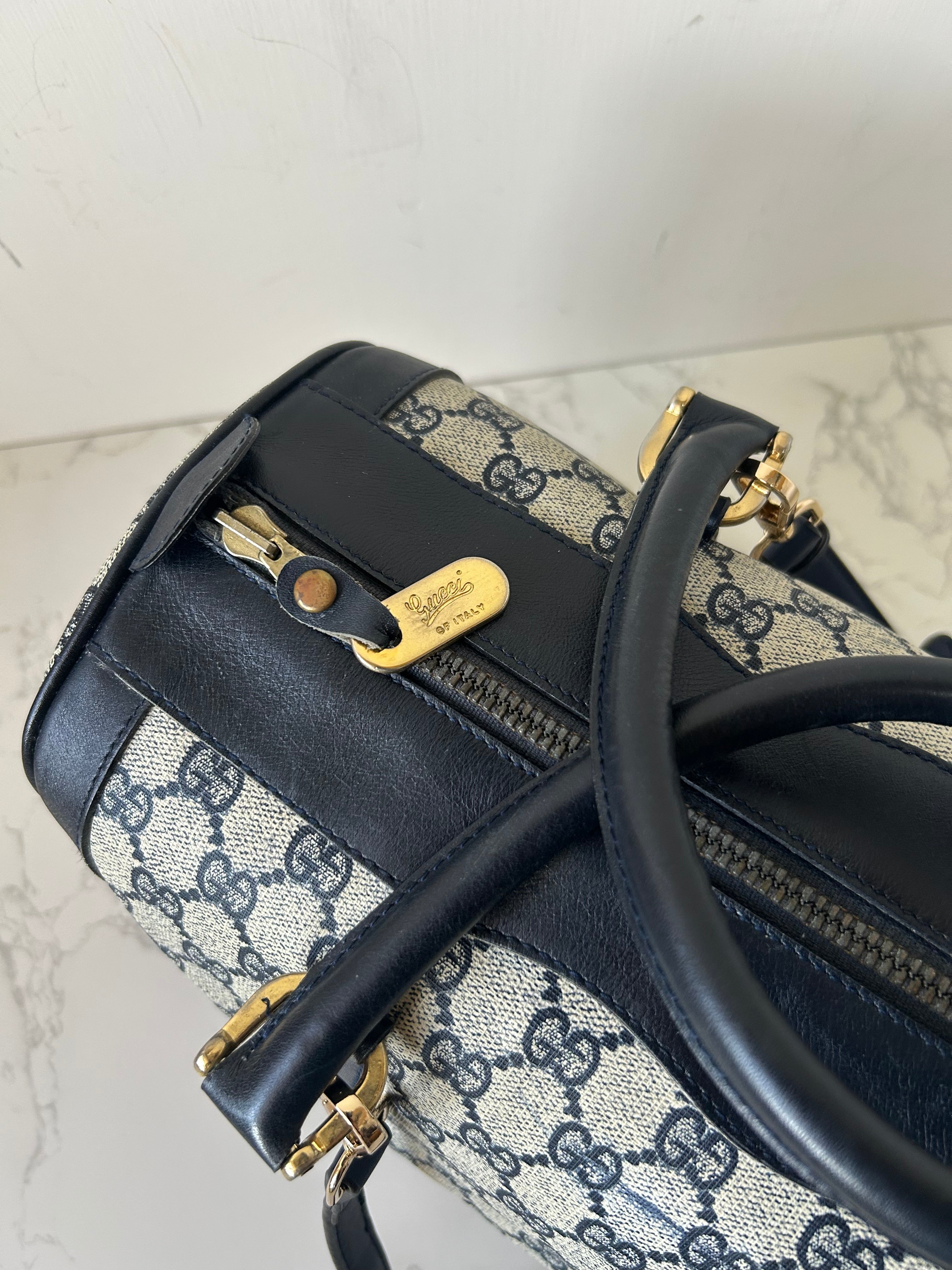 GUCCI rare blue and black old flower leather Boston bag / side bag / oblique bag