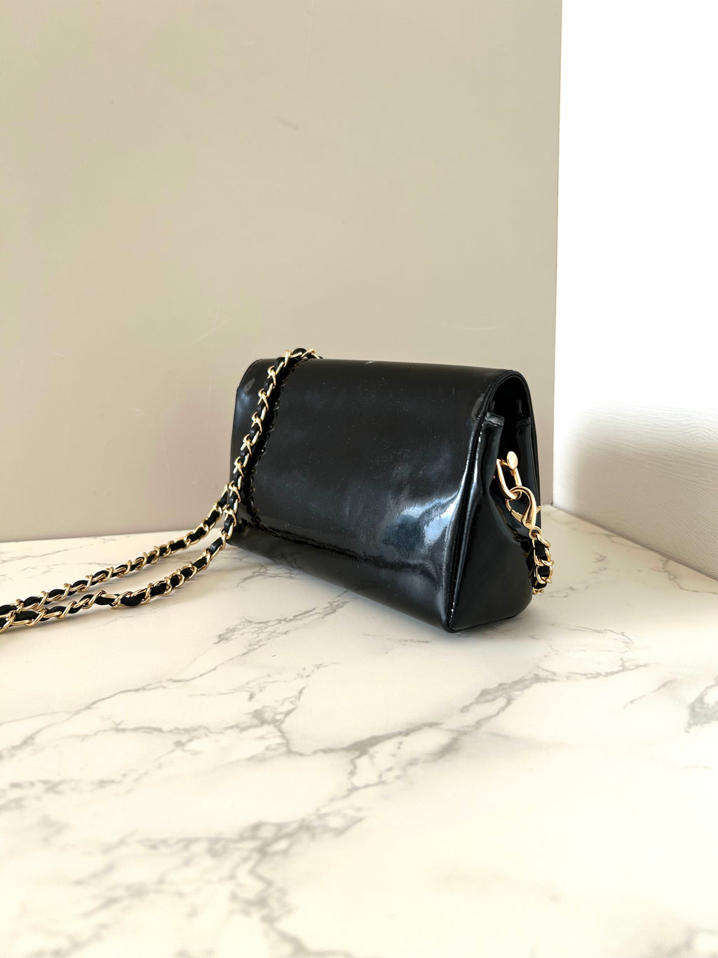 CHANEL Rare Black Patent Leather WOC with Mirror / Side Bag / Crossbody Bag
