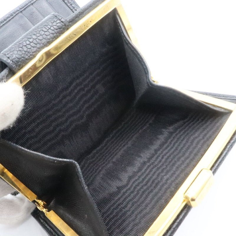 CHANEL rare gold buckle black caviar cowhide leather short wallet / wallet / purse