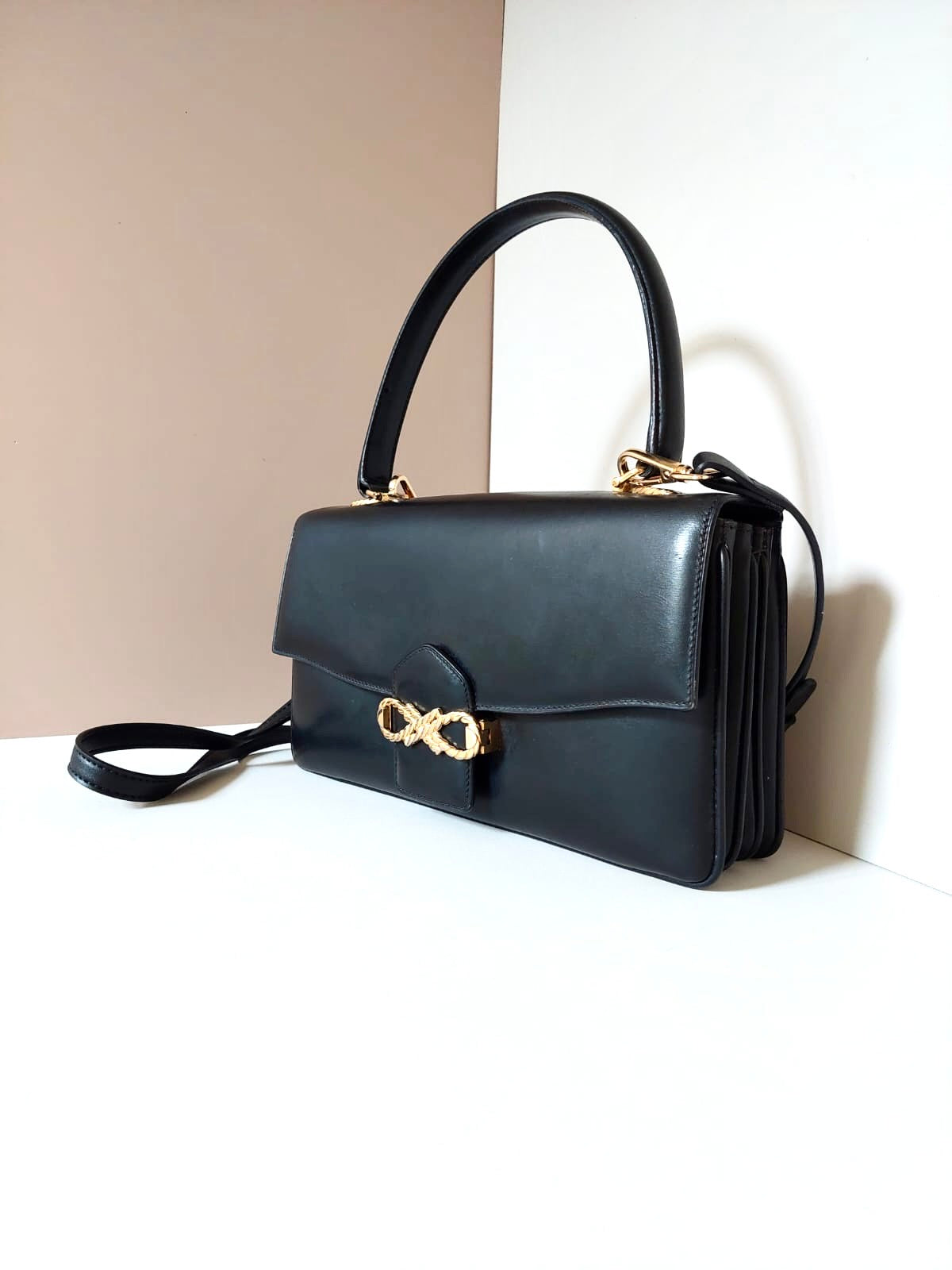 CELINE rare planet engraved twisted gold buckle leather small Kelly handbag/side bag/crossbody bag