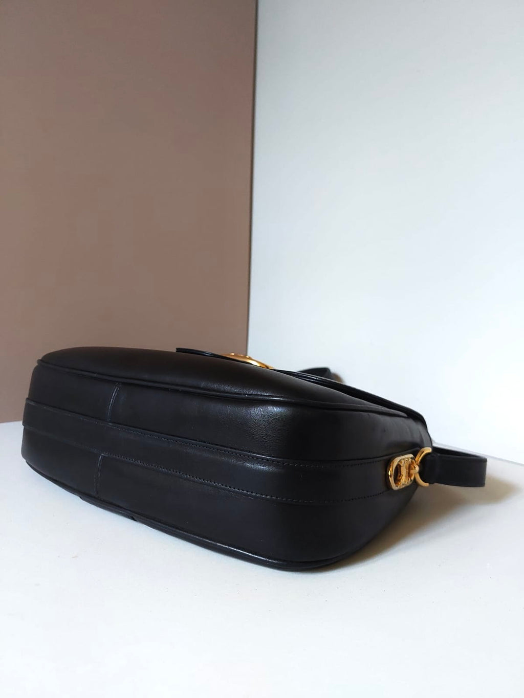 CELINE rare large gold Arc de Triomphe black saddle leather small bag / side backpack / shoulder bag