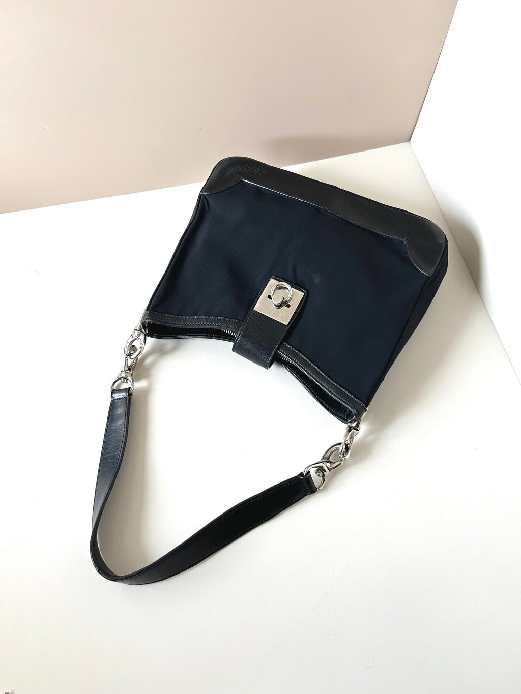 CELINE rare black silver ring patchwork leather Blason side backpack / shoulder bag