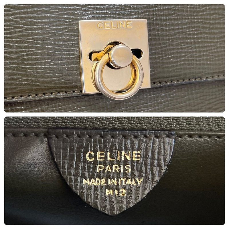 CELINE 稀有橄欖綠金扣皮革迷你凱莉手提包/側背包/斜背包