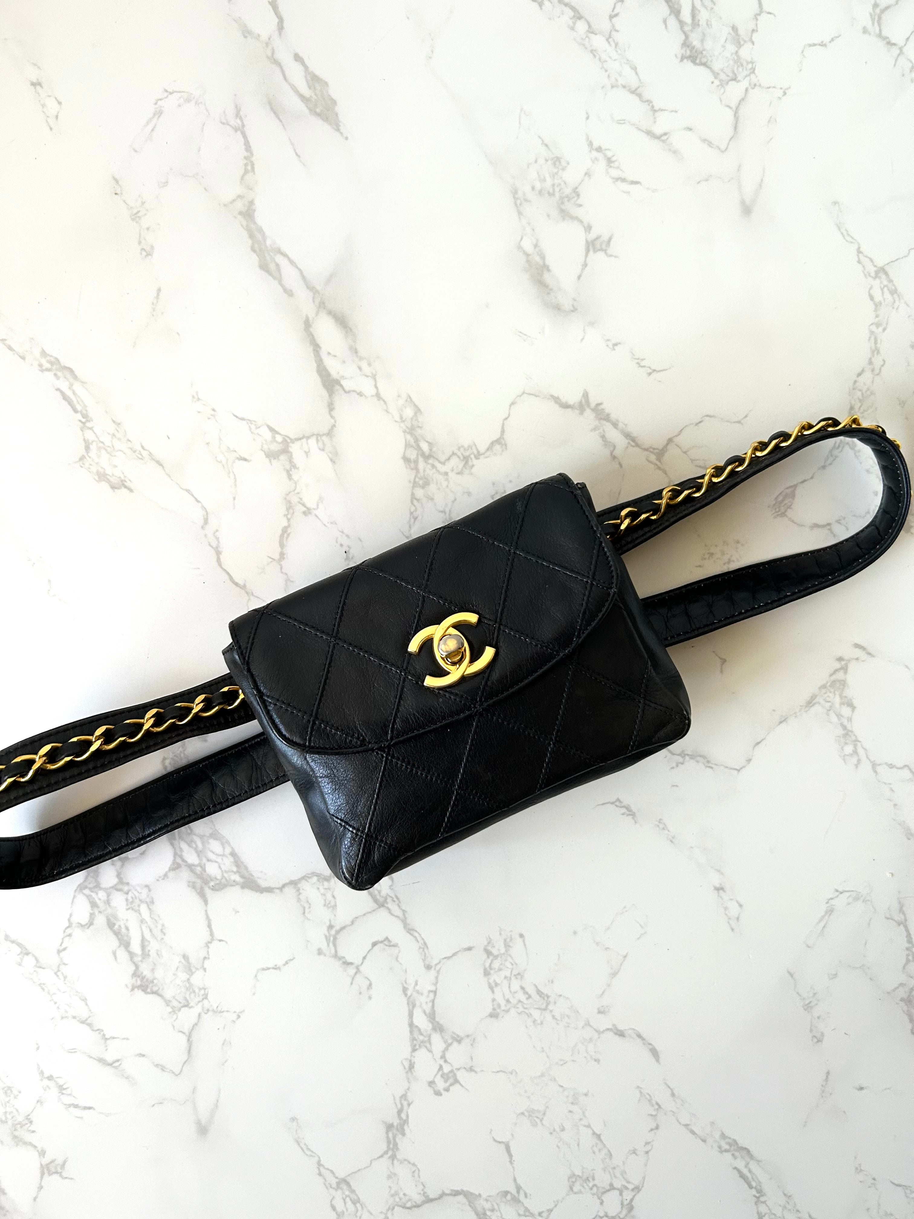 Rare CHANEL Matelassé Black Leather Gold Rotating Buckle Crossbody/Belt Bag/Shoulder Bag
