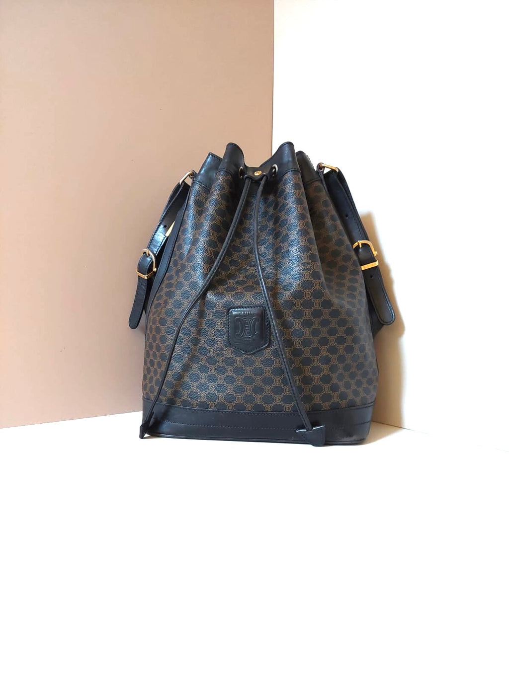 CELINE black monogram leather drawstring bucket bag/side bag