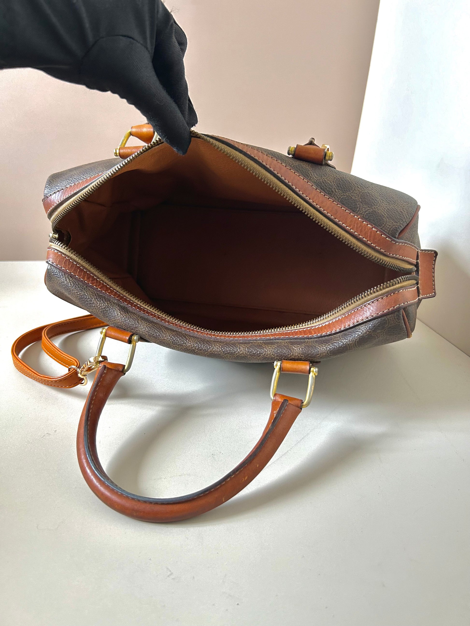 CELINE brown old flower leather Boston bucket bag/handbag/side bag/crossbody bag