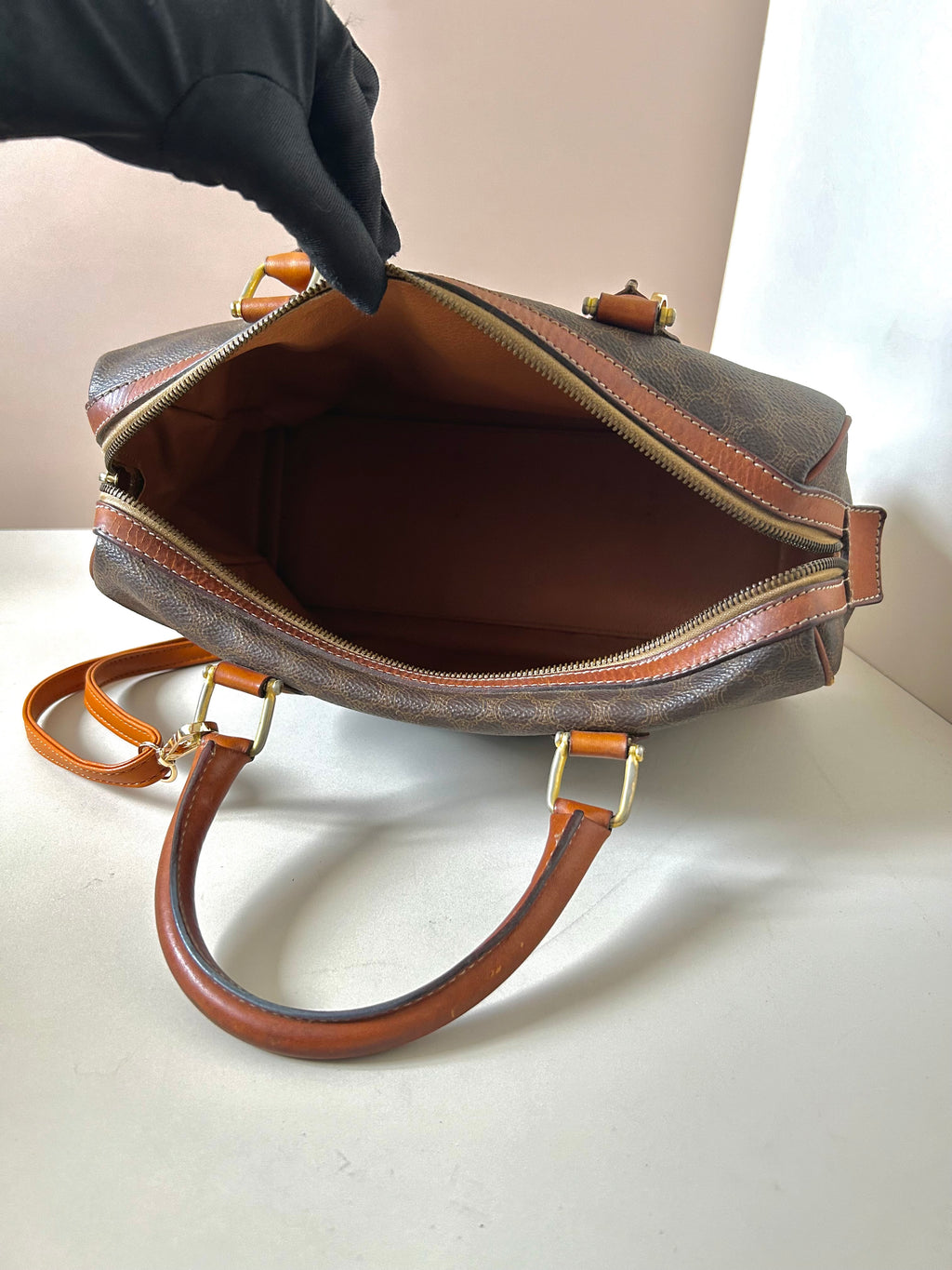 CELINE brown old flower leather Boston bucket bag/handbag/side bag/crossbody bag