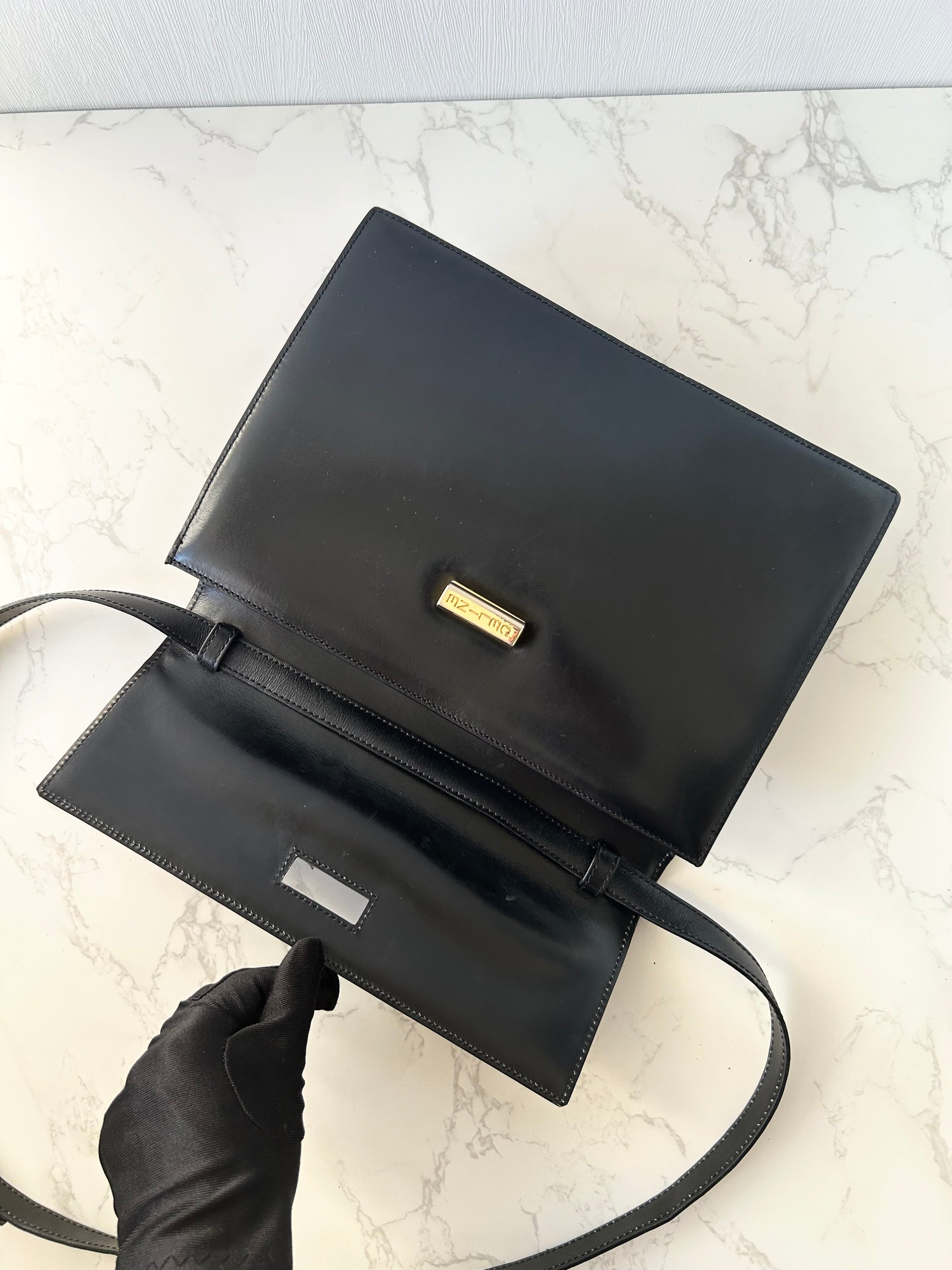 CELINE rare black cross rotating gold buckle leather small shoulder bag / crossbody bag