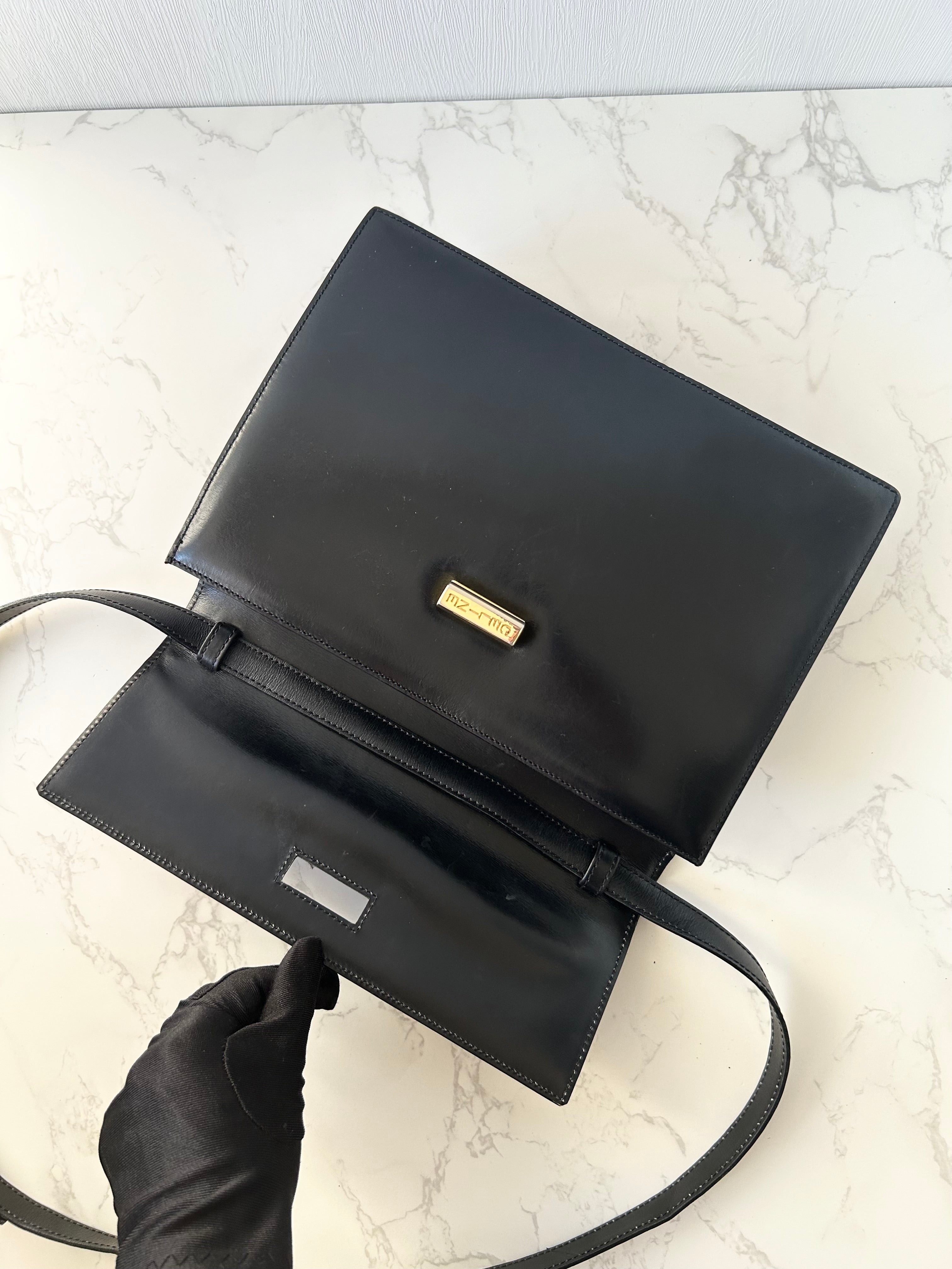 CELINE rare black cross rotating gold buckle leather small shoulder bag / crossbody bag