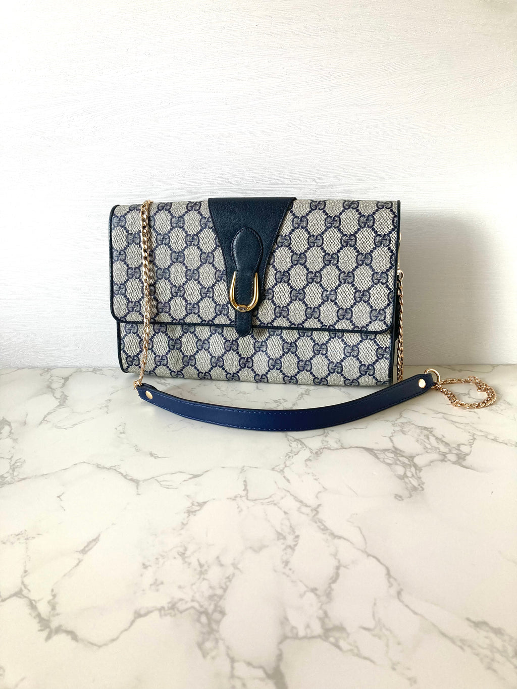GUCCI Navy Monogram x Gold Horseshoe Two-way Shoulder Bag / Clutch