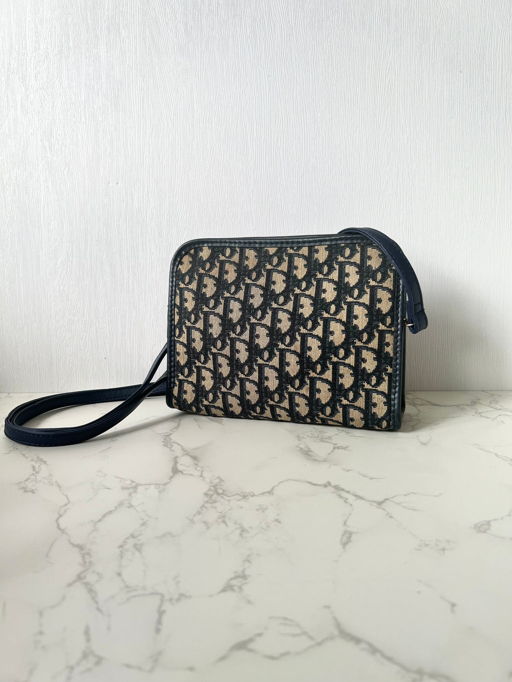 CHRISTIAN DIOR dark blue and black monogram shoulder bag / side bag / oblique bag