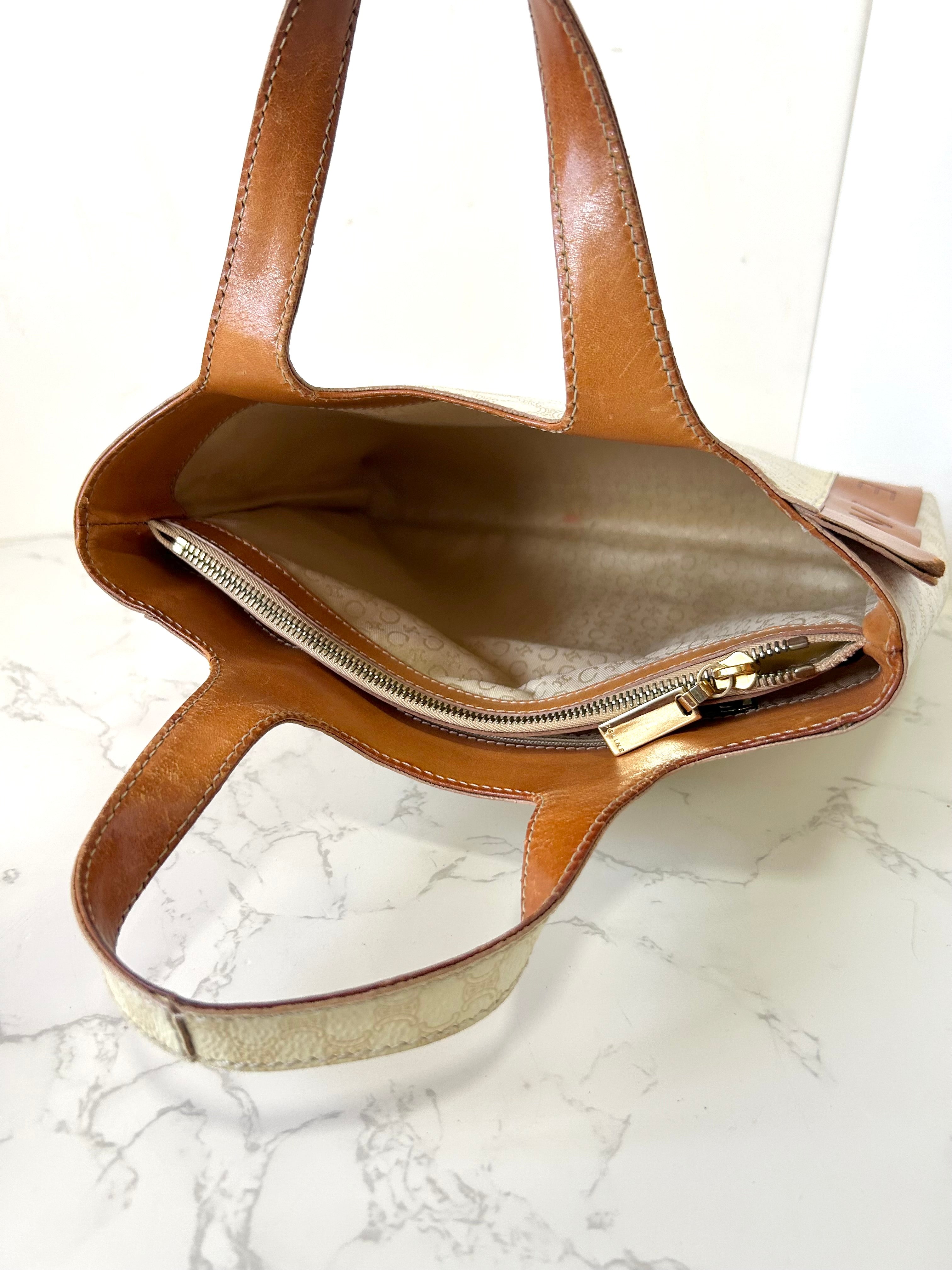 CELINE rare white old flower leather tote bag / handbag