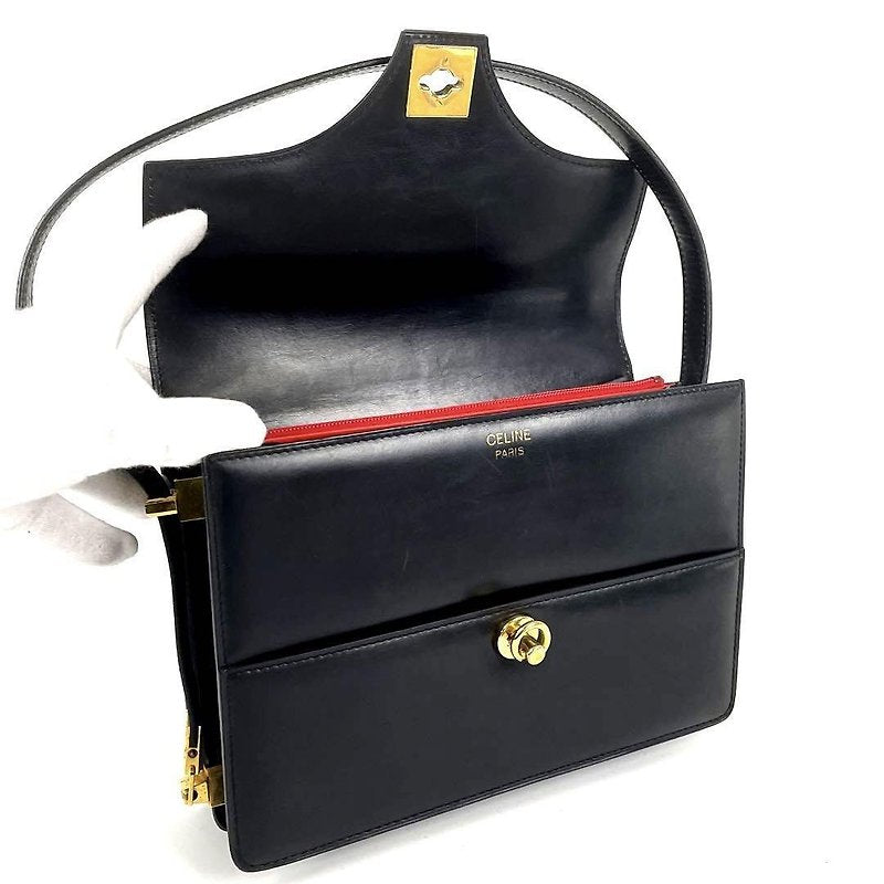 CELINE rare black gold buckle cowhide leather flap box small bag/side backpack/underarm bag