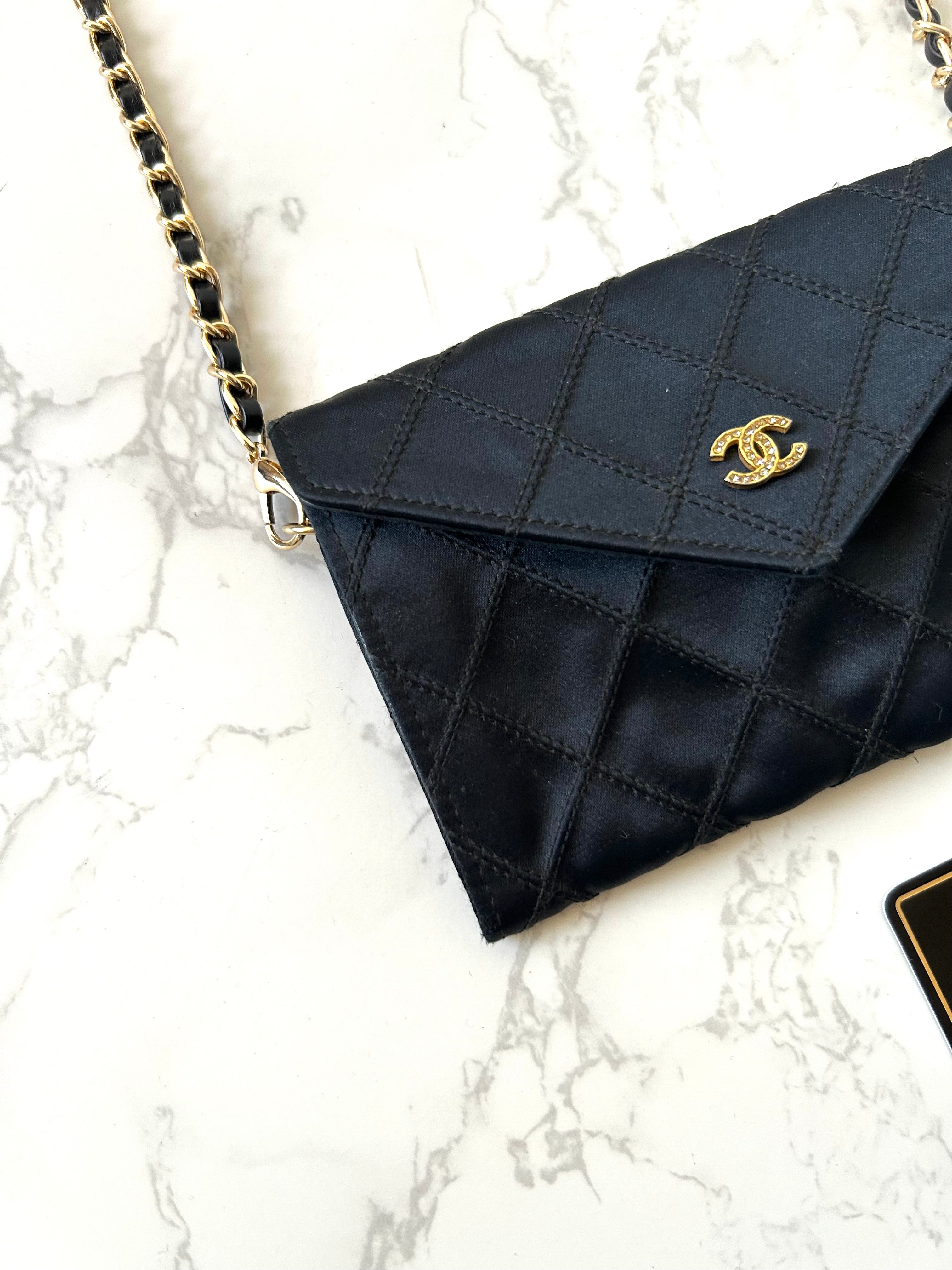 CHANEL Rare Black Satin Rhinestone Small Bag/Side Bag/Messenger Bag/Clutch Bag