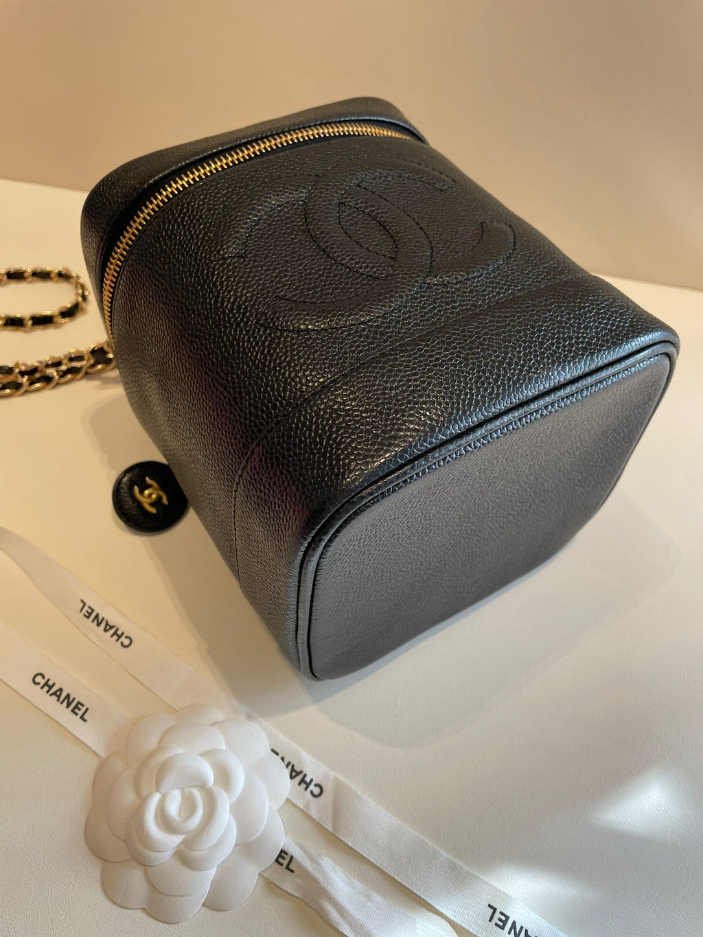CHANEL Rare Caviar Leather Vertical Vanity Case / Crossbody Chain Bag