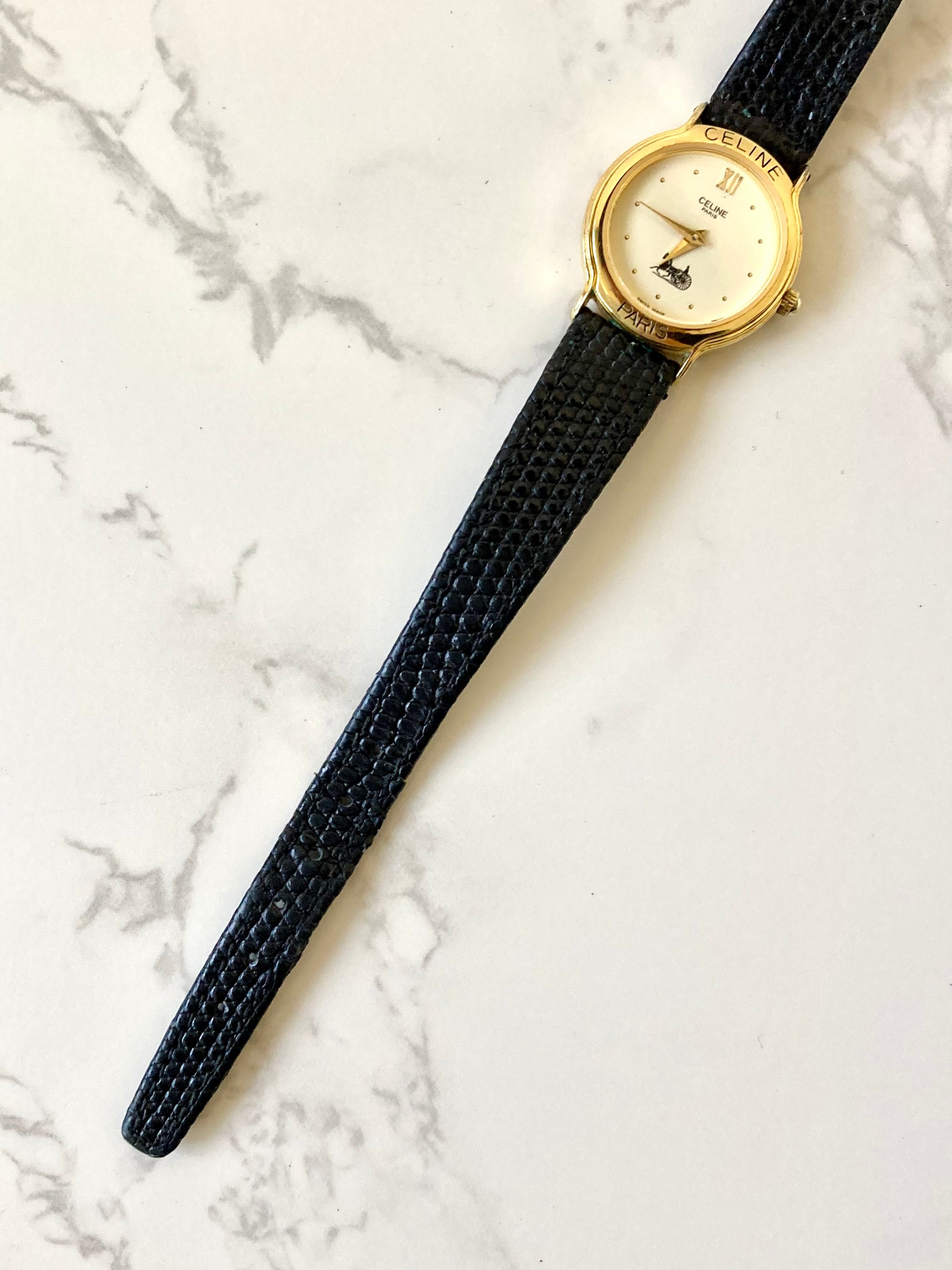 CELINE Rare Horse Carriage Black x Gold Leather Lady's Quartz Watch