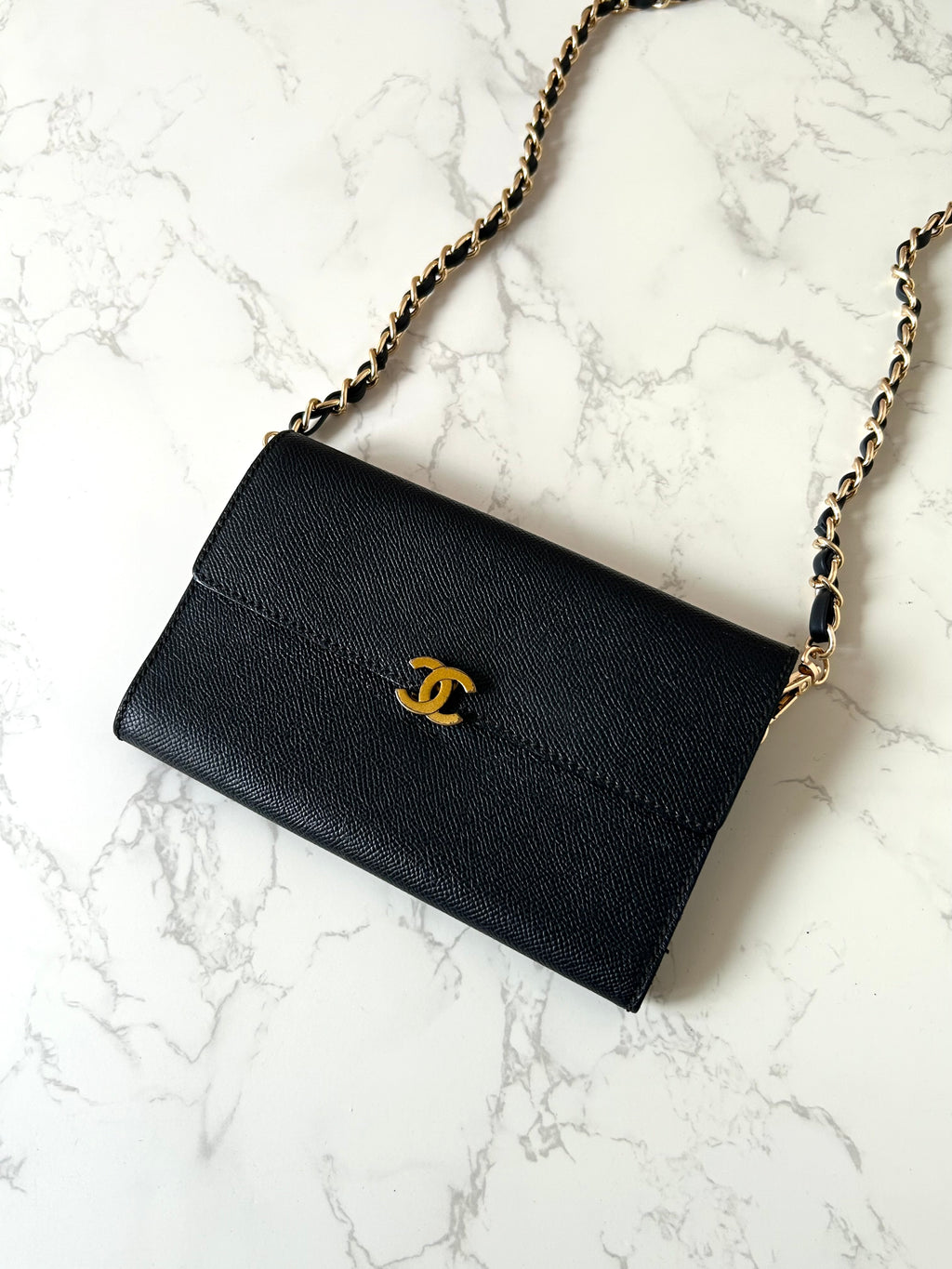 CHANEL Black Gold Caviar Leather Side Bag/Messenger Bag/Long Clip/Wallet