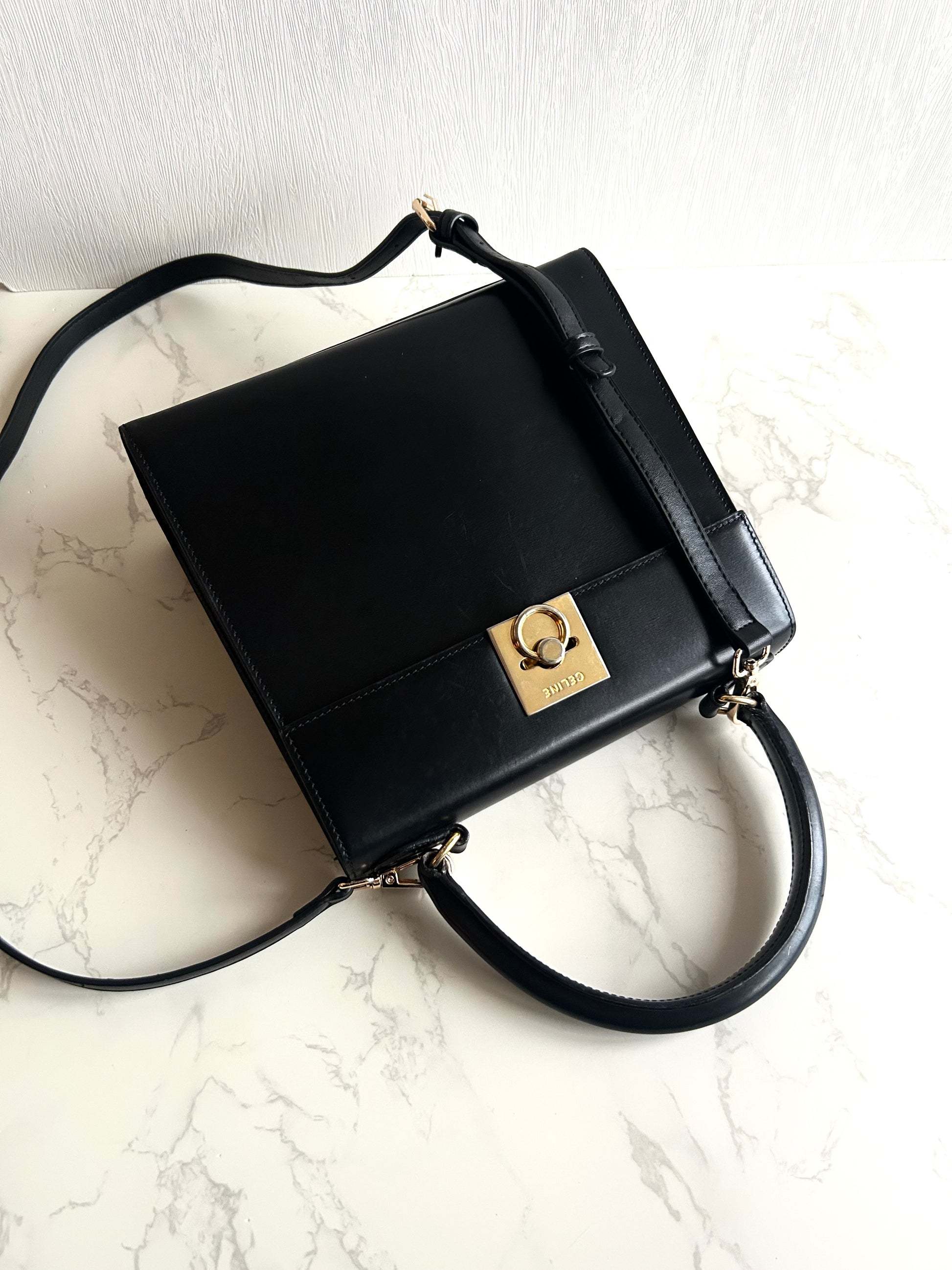 Celine 小號黑金Two-way凱莉包 皮斜背包 側背包 手提包