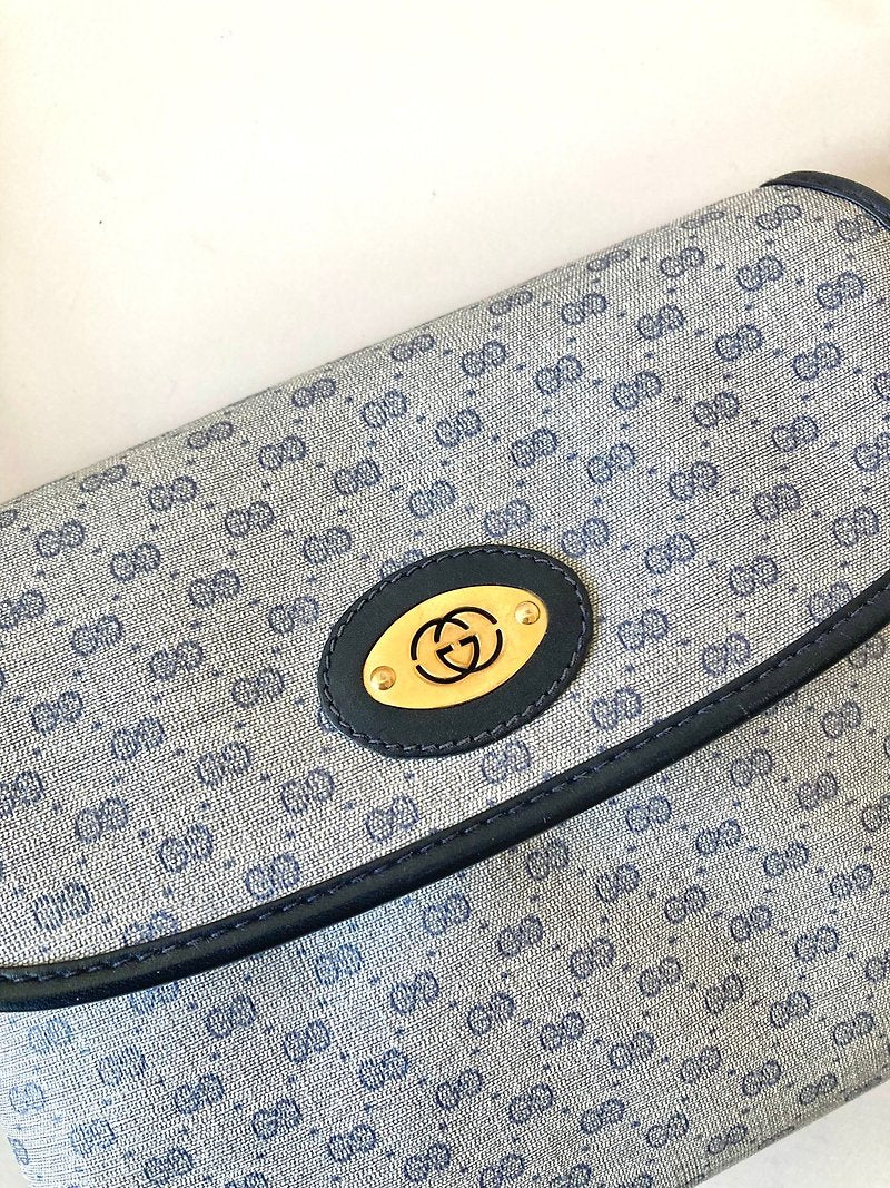 GUCCI rare blue and black old flower canvas and leather small bag/side bag/oblique bag