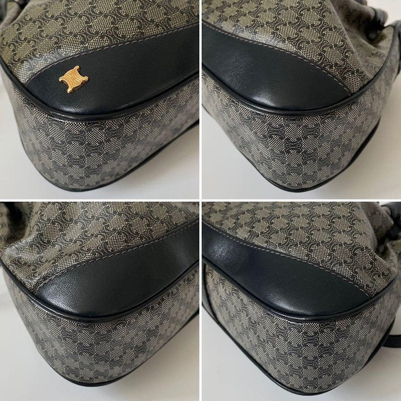 CELINE rare black old flower gold Arc de Triomphe leather shoulder drawstring bucket bag / side backpack