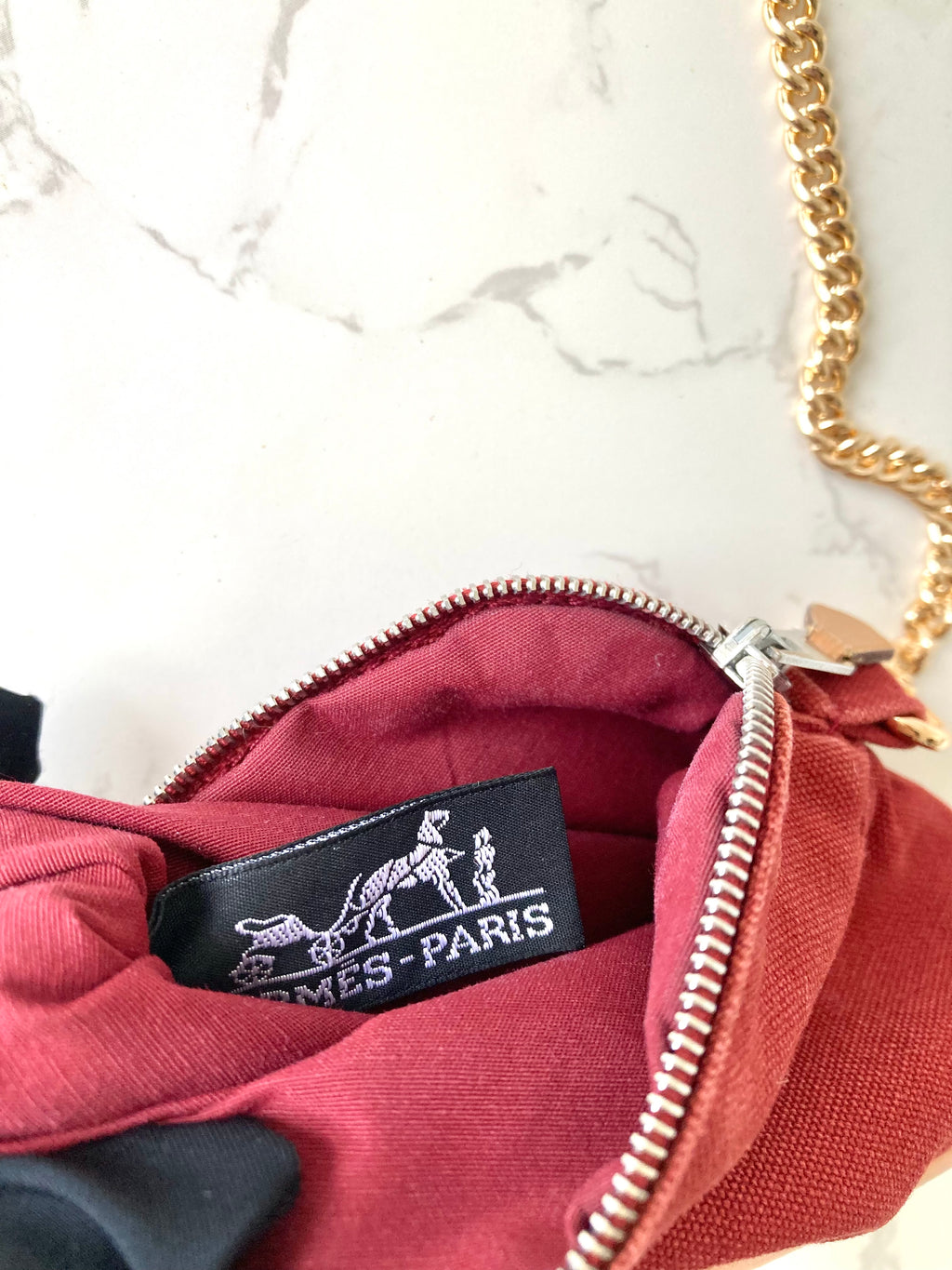 HERMES 淡紅色帆布皮革配鏈條小包/手拿包/側背包/腋下包