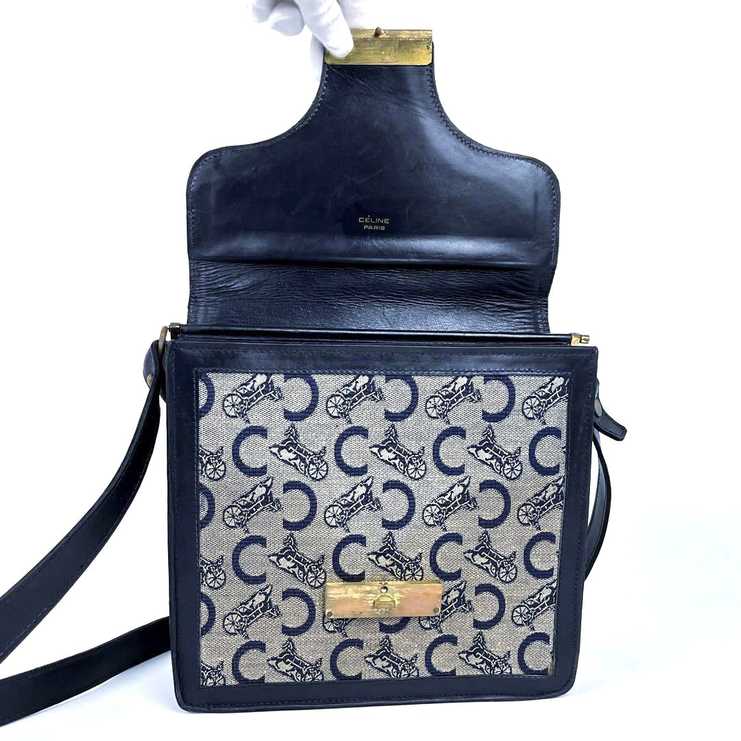 CELINE carriage gold buckle blue and black monogram side backpack/shoulder bag