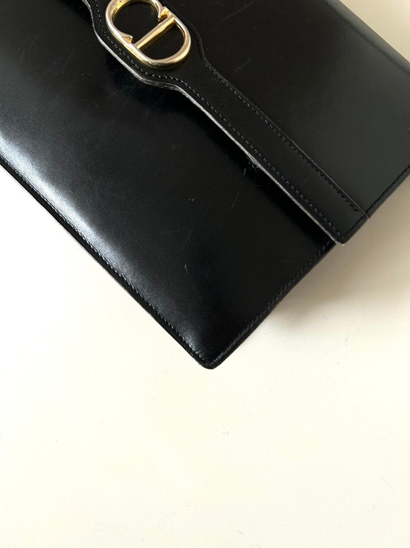 CHRISTIAN DIOR Rare black leather silver buckle flap side bag / short crossbody bag