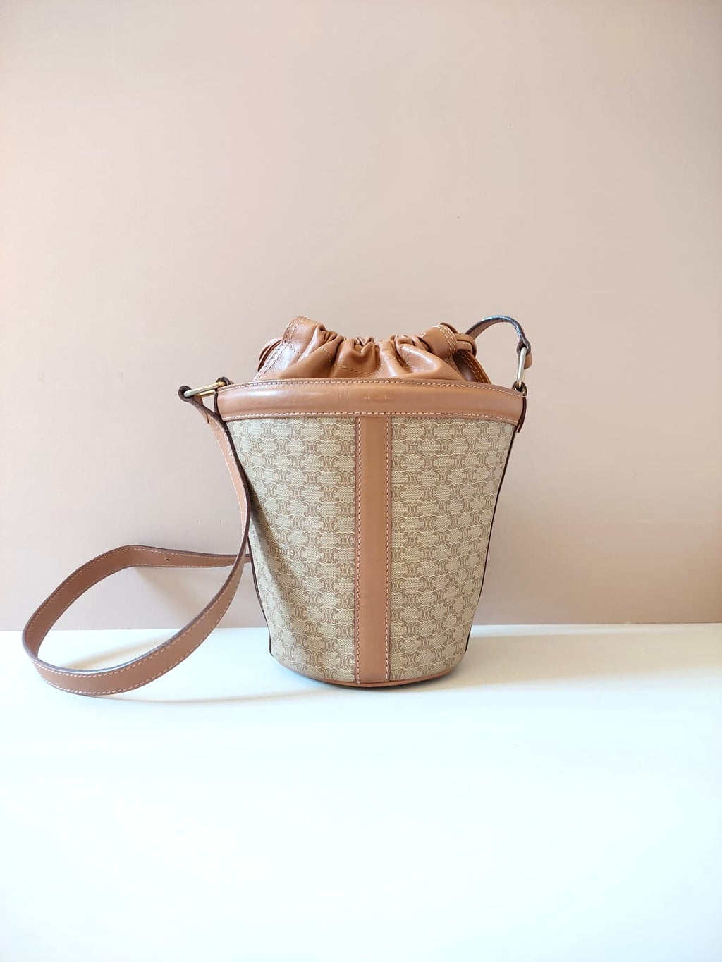 CELINE beige old flower leather drawstring bucket bag / side backpack