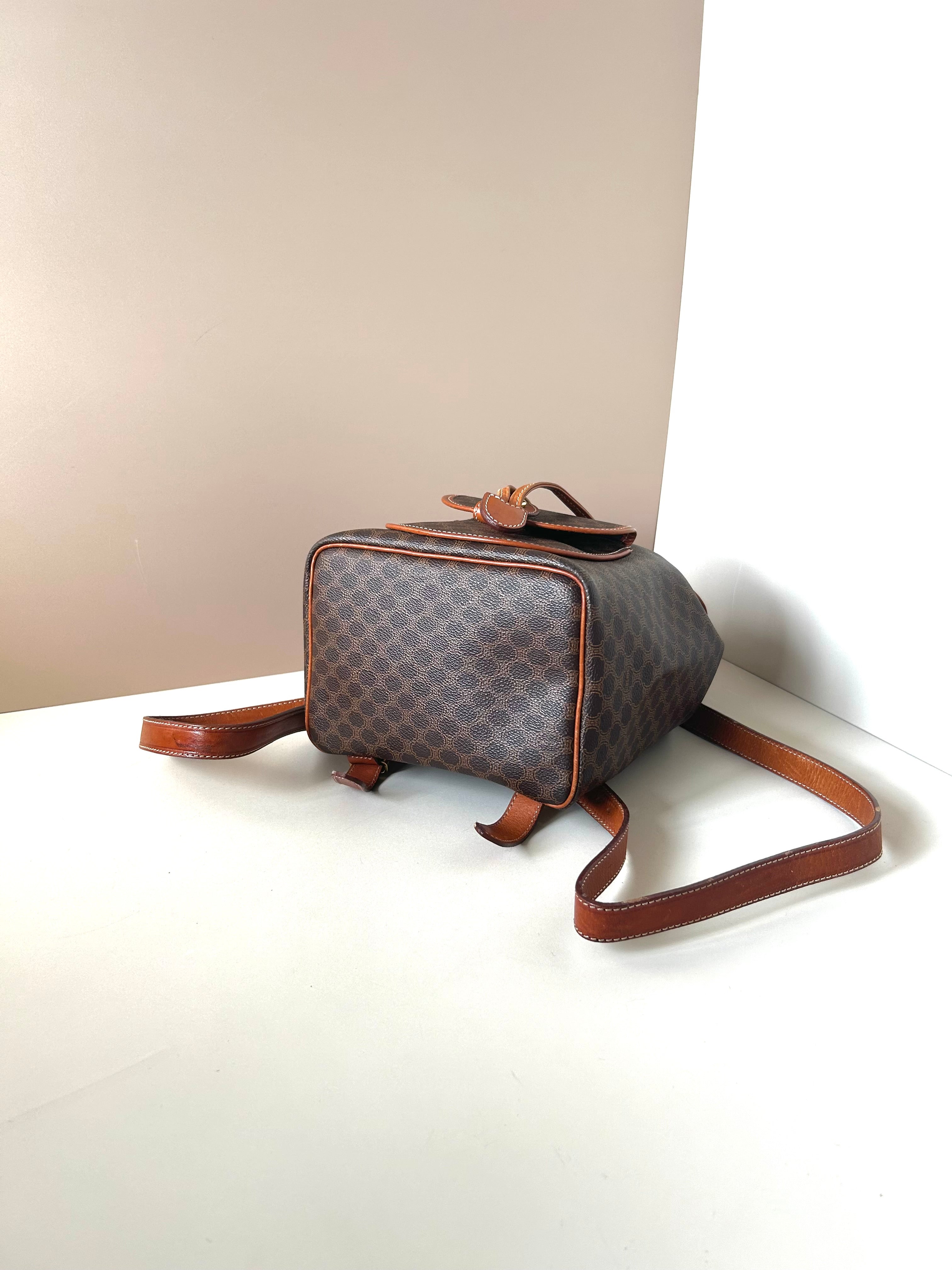 CELINE rare replica coffee color old flower gold buckle backpack / shoulder bag