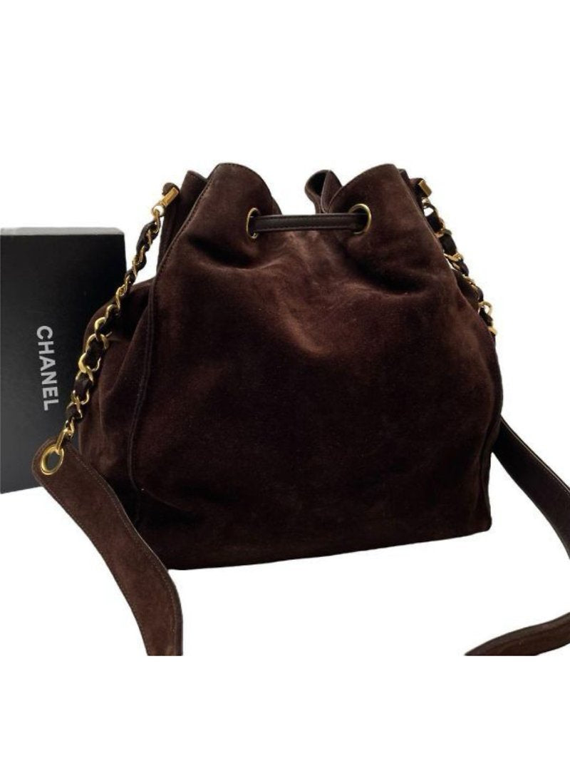 CHANEL complete accessories • Rare brown leather gold chain drawstring small bucket/side bag