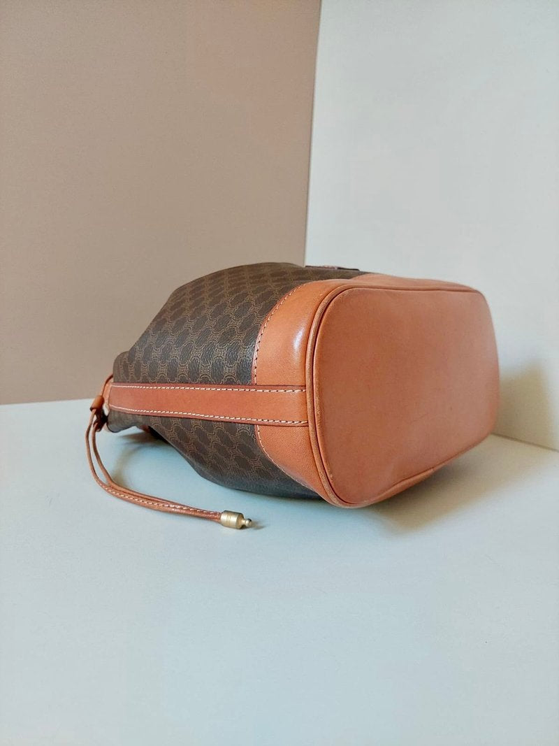 CELINE Brown Old Flower Leather Single Shoulder Drawstring Bucket Bag / Side Bag