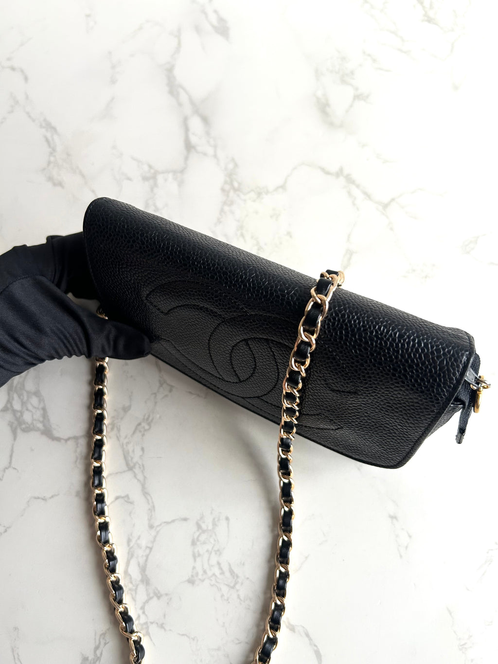 Chanel連鏡子黑金魚子醬皮革包 側背包 斜背包 中古包