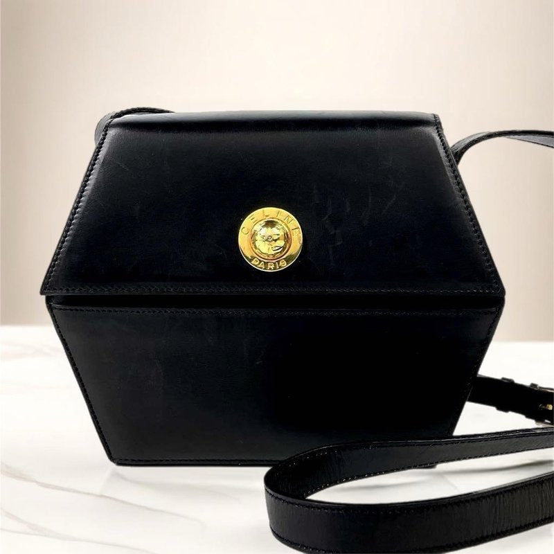 CELINE Rare Black Planet Hexagonal Leather Side Bag / Crossbody Bag
