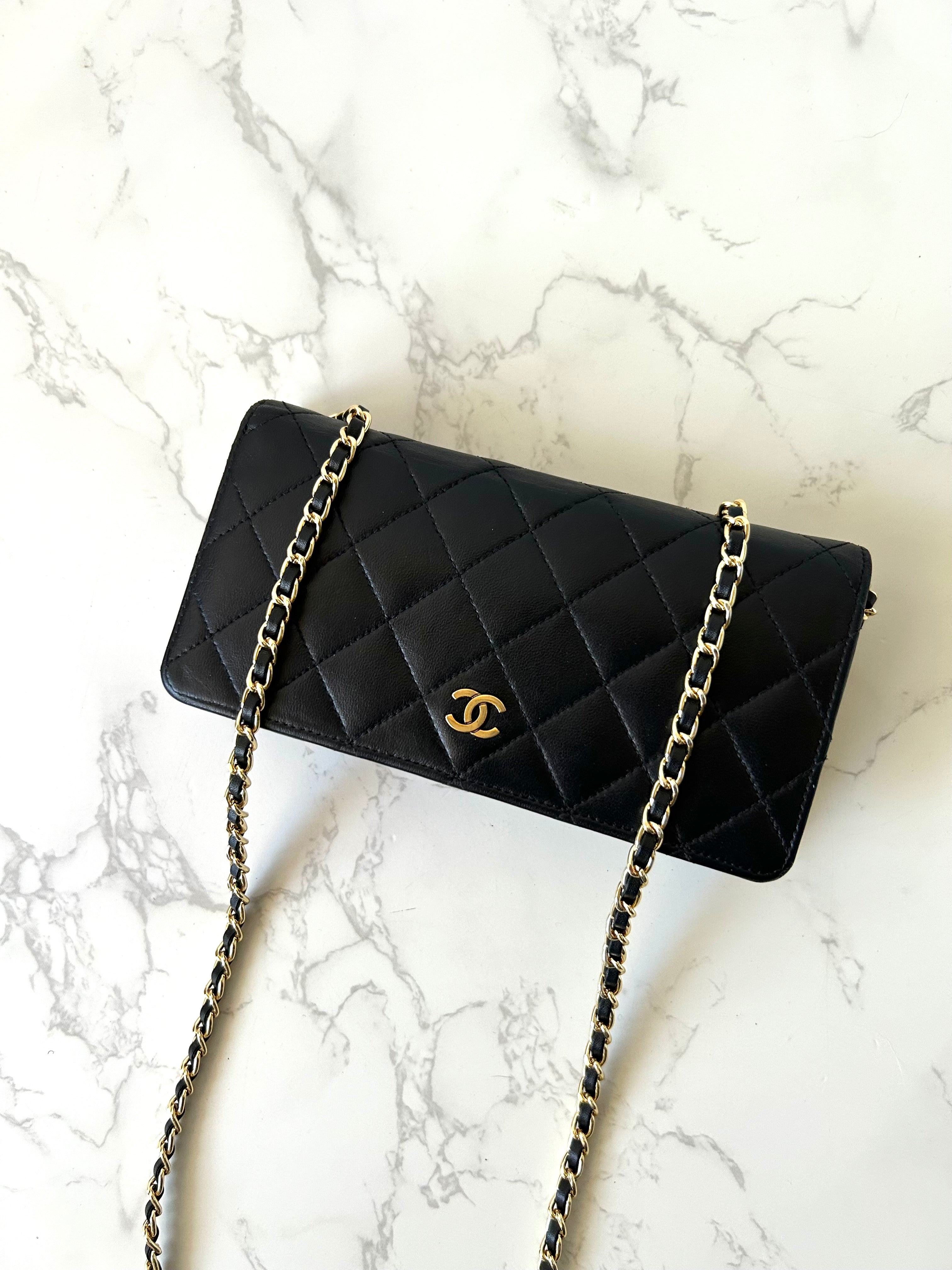 CHANEL black gold lambskin leather WOC long wallet/oblique bag/side bag