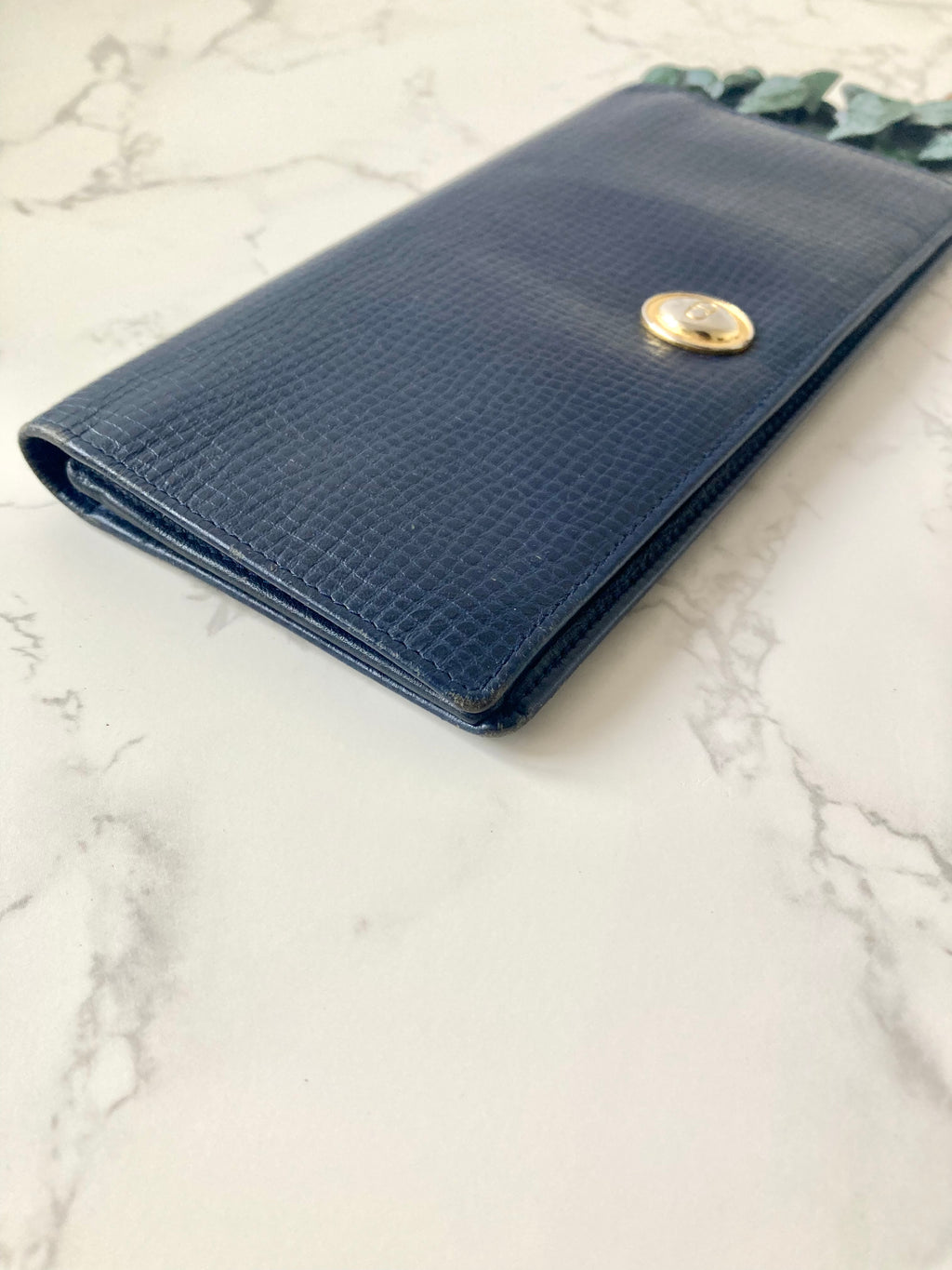 CHRISTIAN DIOR Navy Blue x Gold Egg Leather Long Bi-fold Wallet