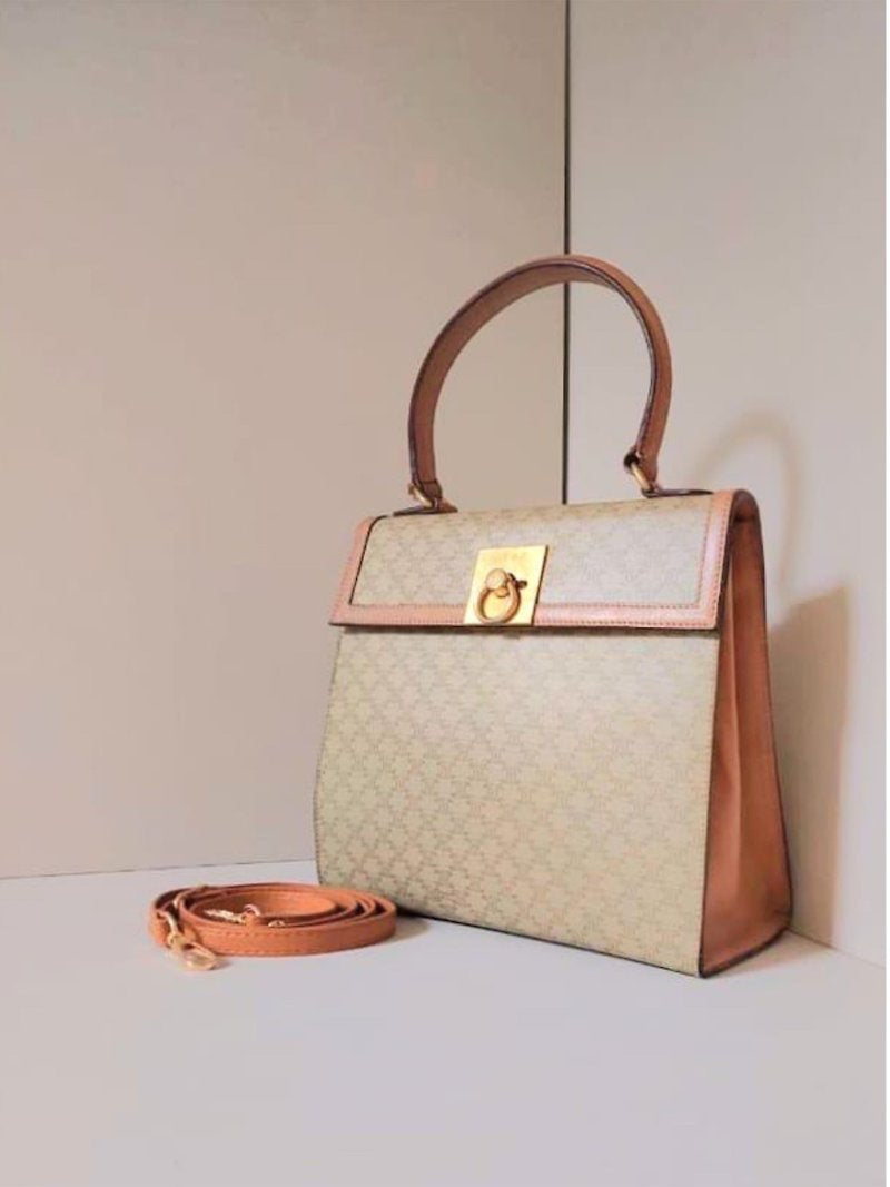 CELINE Rare Mini Kelly Brown Old Flower Leather Handbag/Side Bag/Messenger Bag - Japanese Second-hand Vintage