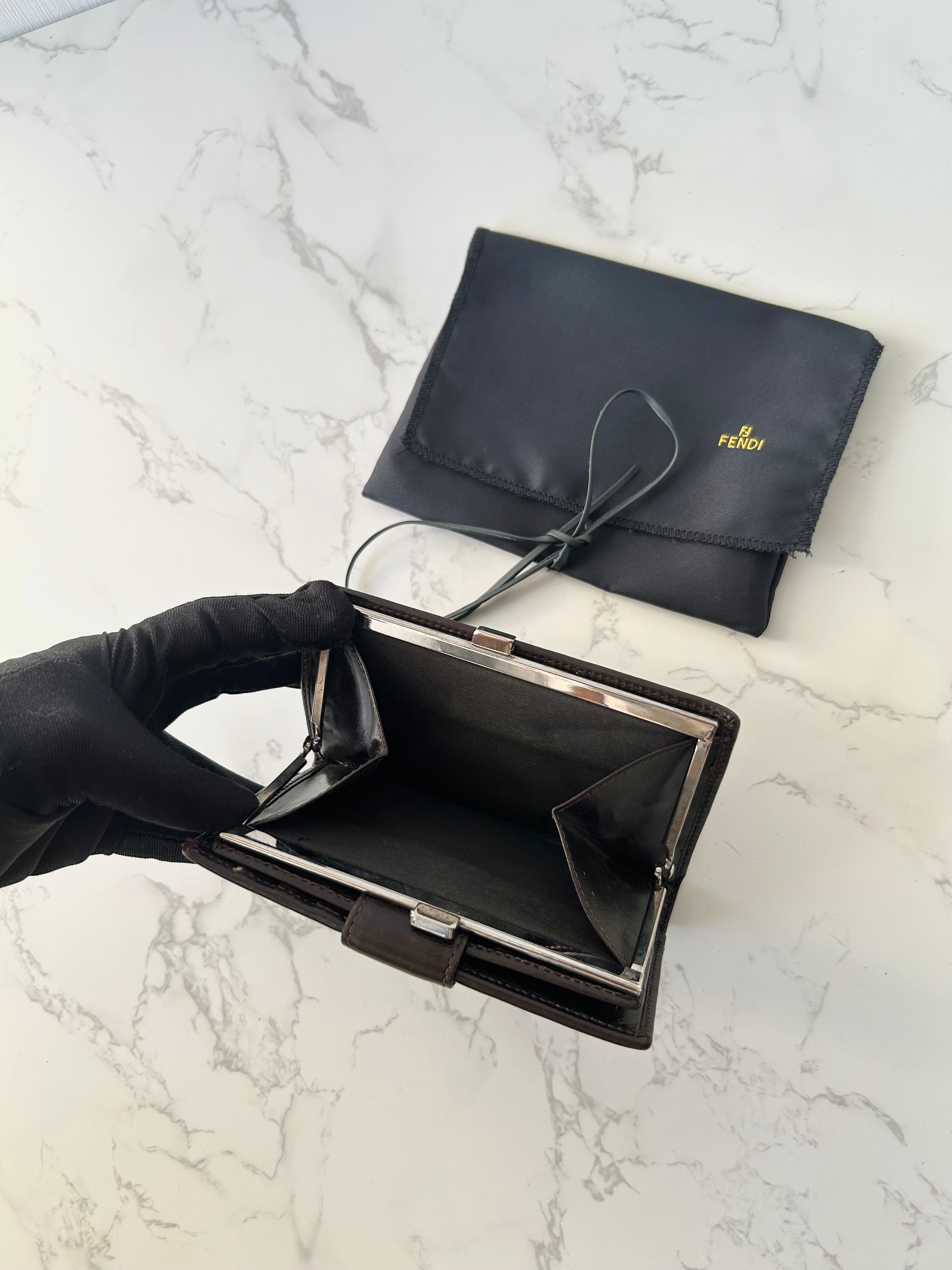 FENDI Zucchino Brown Monogram Bi-Fold Wallet/ Short Clip/ Coin Purse